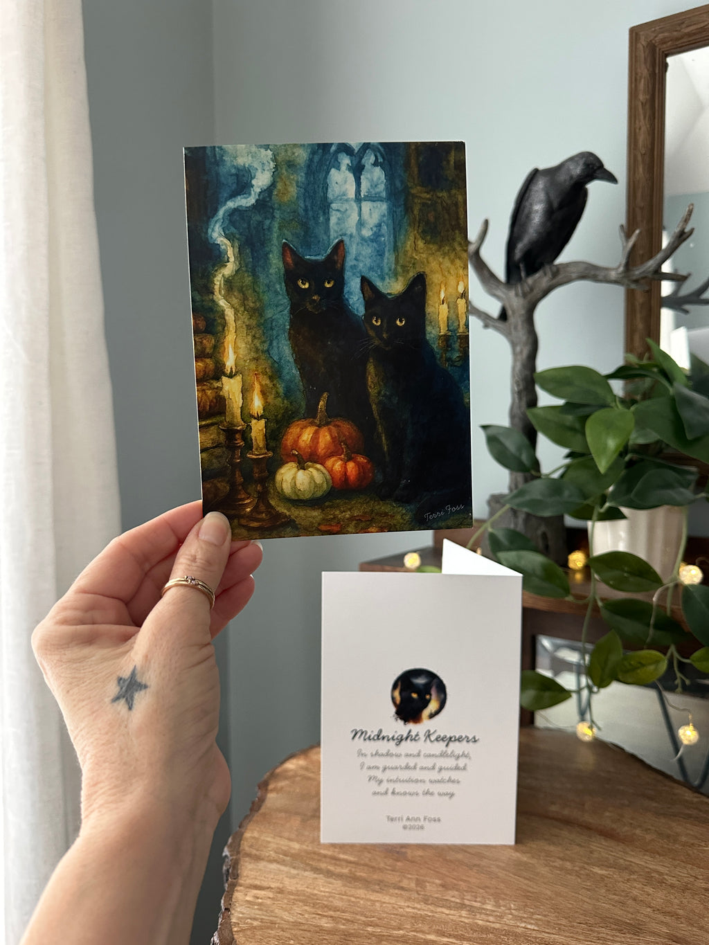 Midnight Keepers - Witch Halloween Pumpkin Black Cats Moon Books - Blank Art Greeting Card Set - Terri Ann Foss