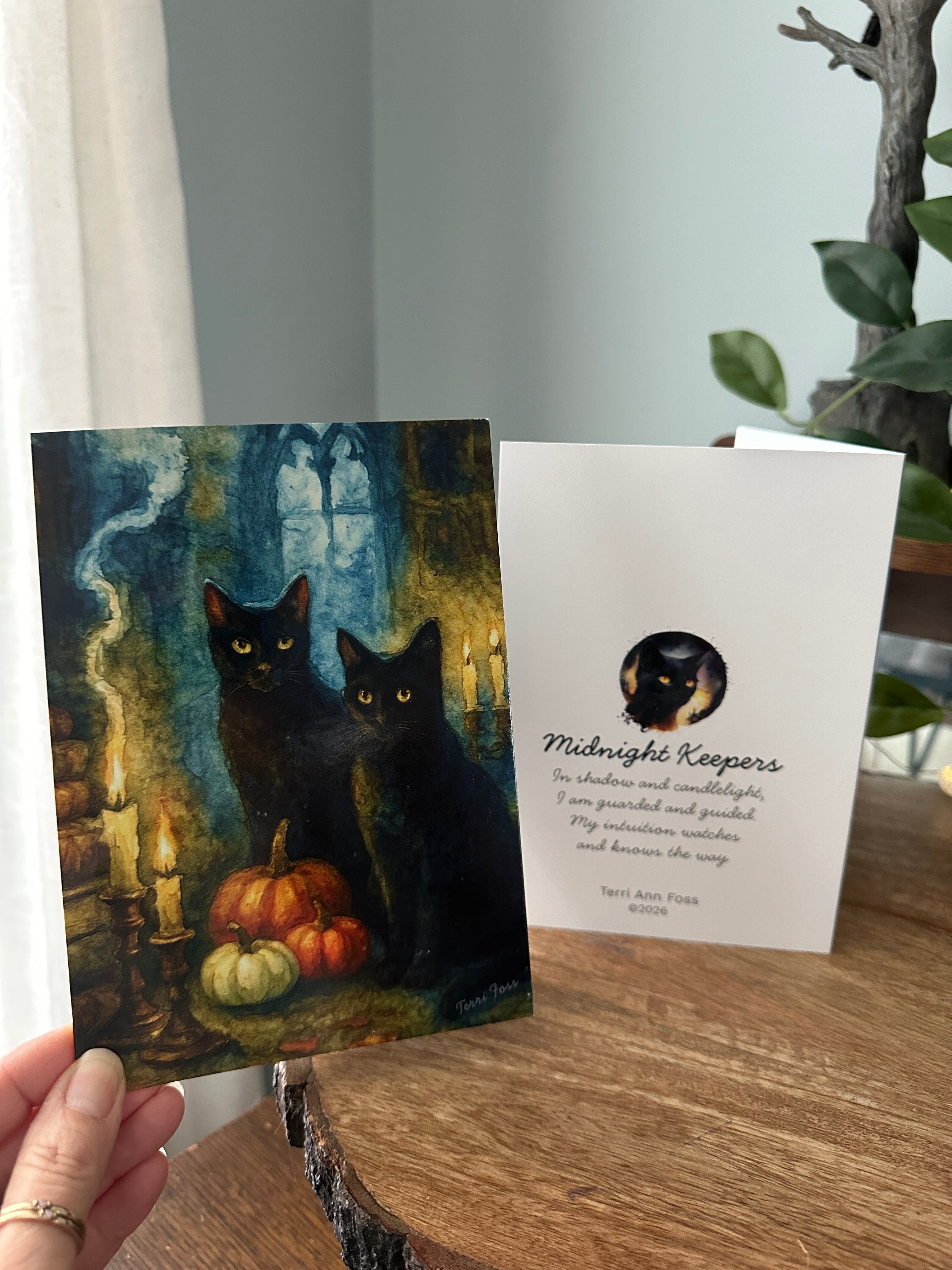 Midnight Keepers - Witch Halloween Pumpkin Black Cats Moon Books - Blank Art Greeting Card Set - Terri Ann Foss