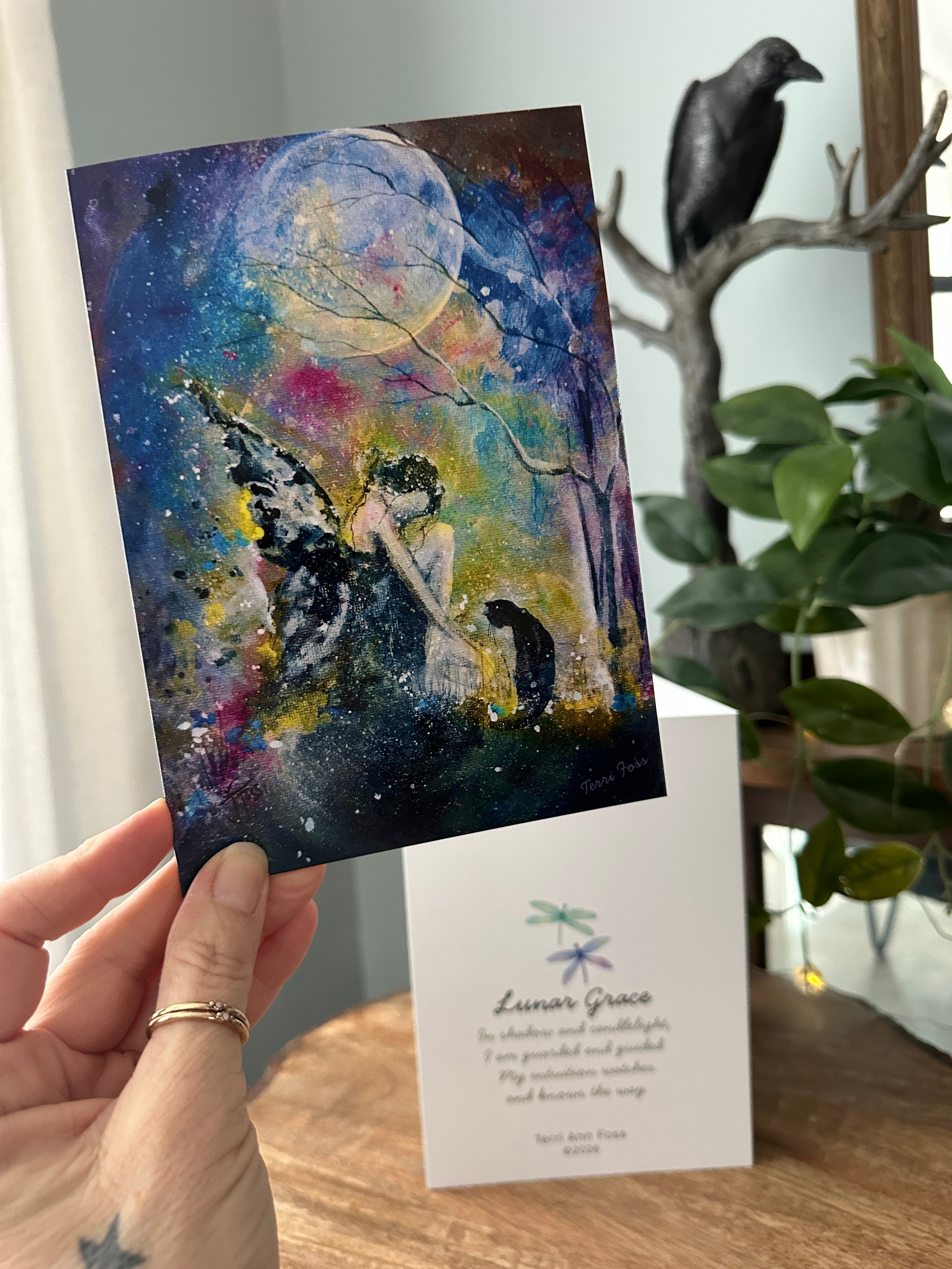 Lunar Grace - Faerie Fae Witch Cat Girl Moon Summer Flowers - Blank Art Greeting Card Set - Terri Ann Foss