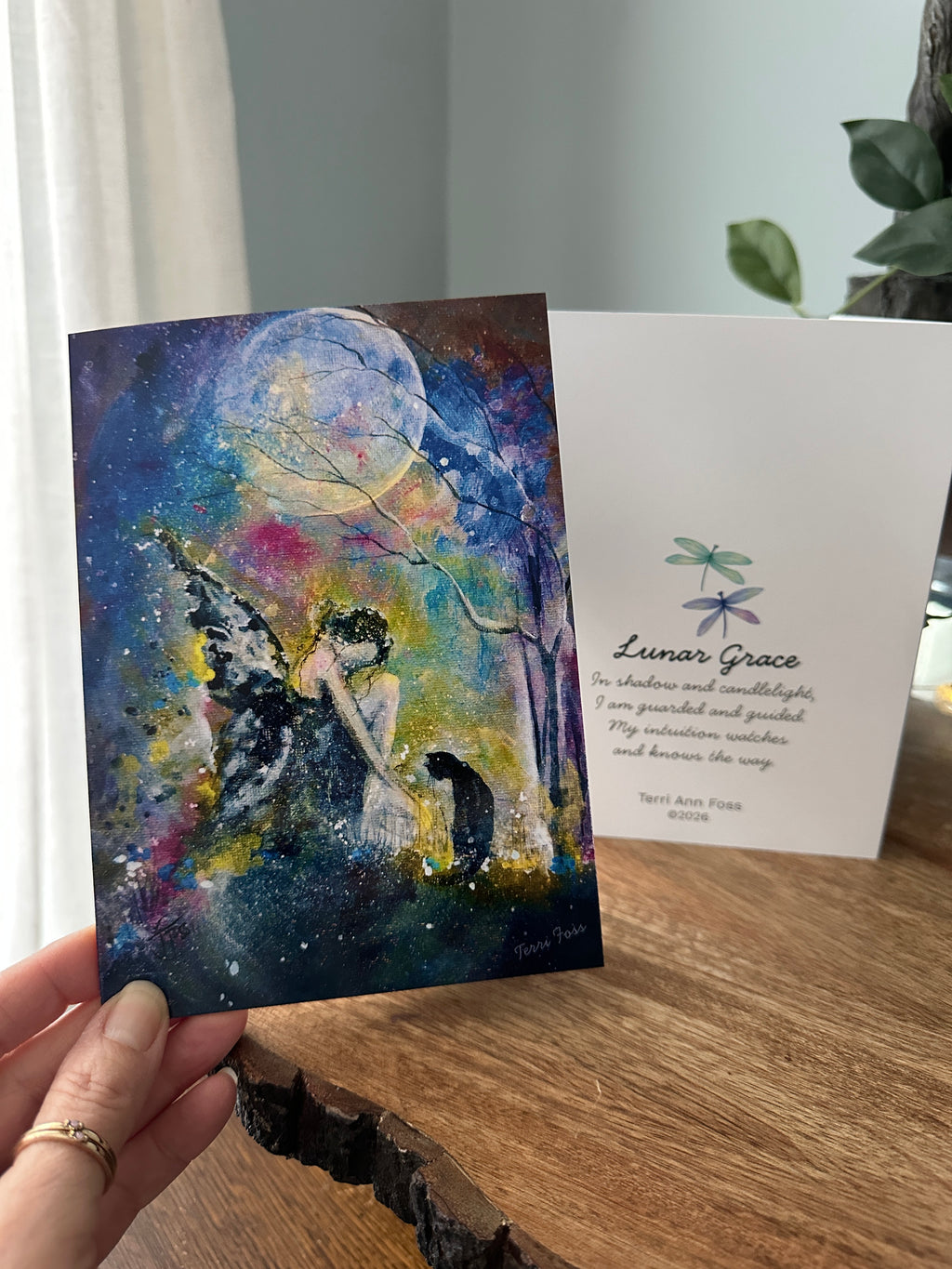 Lunar Grace - Faerie Fae Witch Cat Girl Moon Summer Flowers - Blank Art Greeting Card Set - Terri Ann Foss
