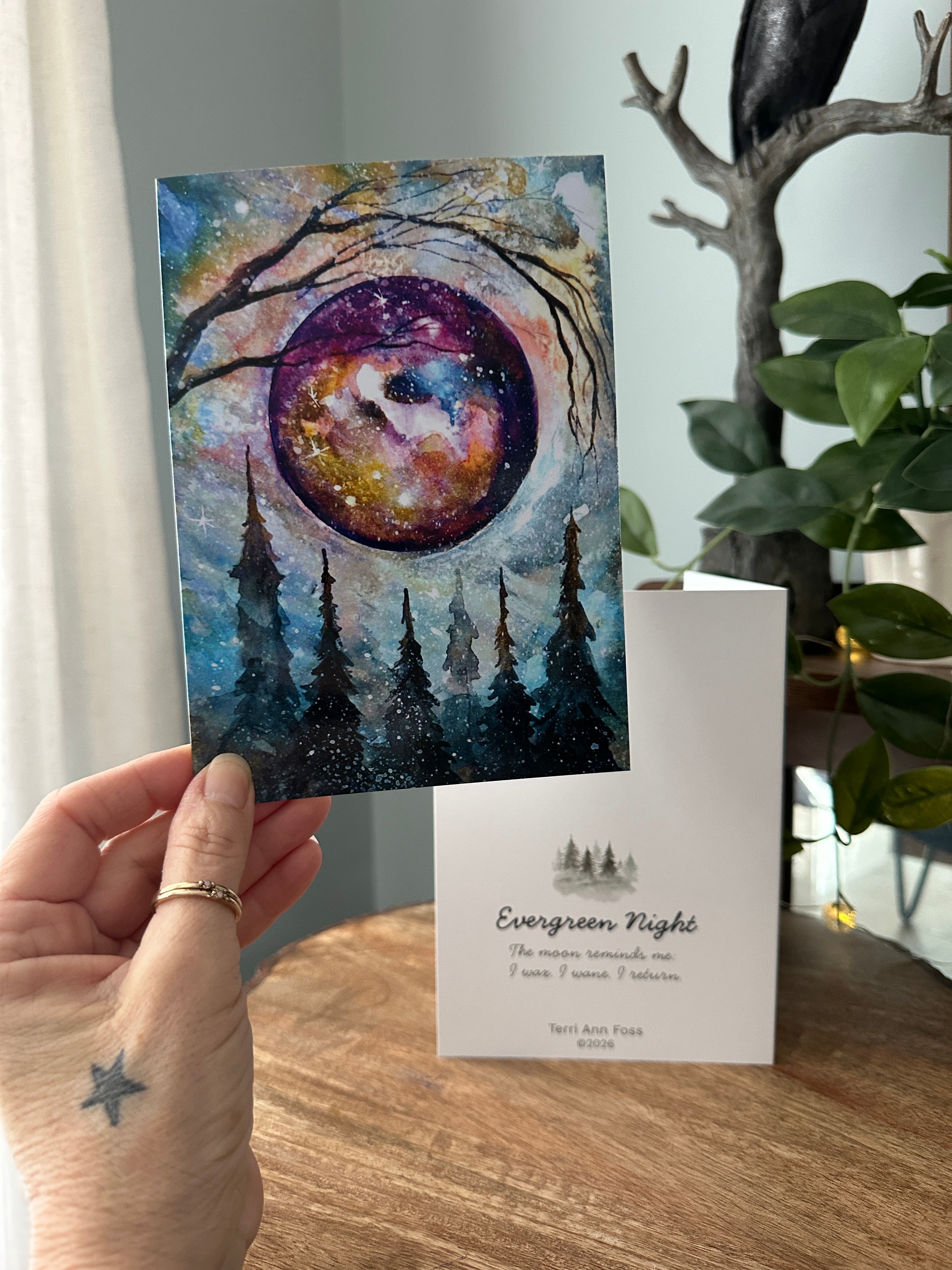 Evergreen Night - Mystical Full Moon Pine Forest Celestial - Blank Art Greeting Card Set - Terri Ann Foss