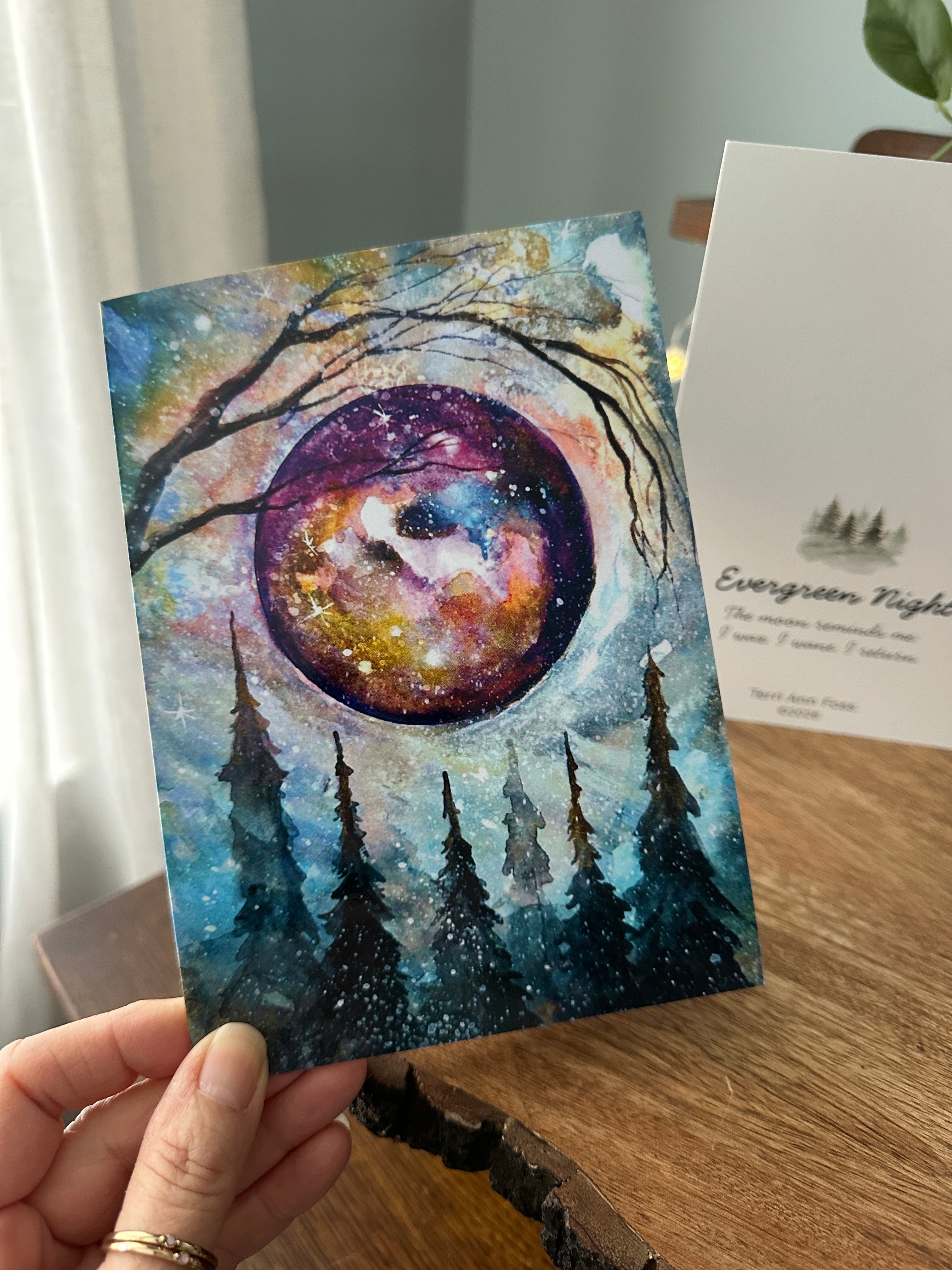 Evergreen Night - Mystical Full Moon Pine Forest Celestial - Blank Art Greeting Card Set - Terri Ann Foss