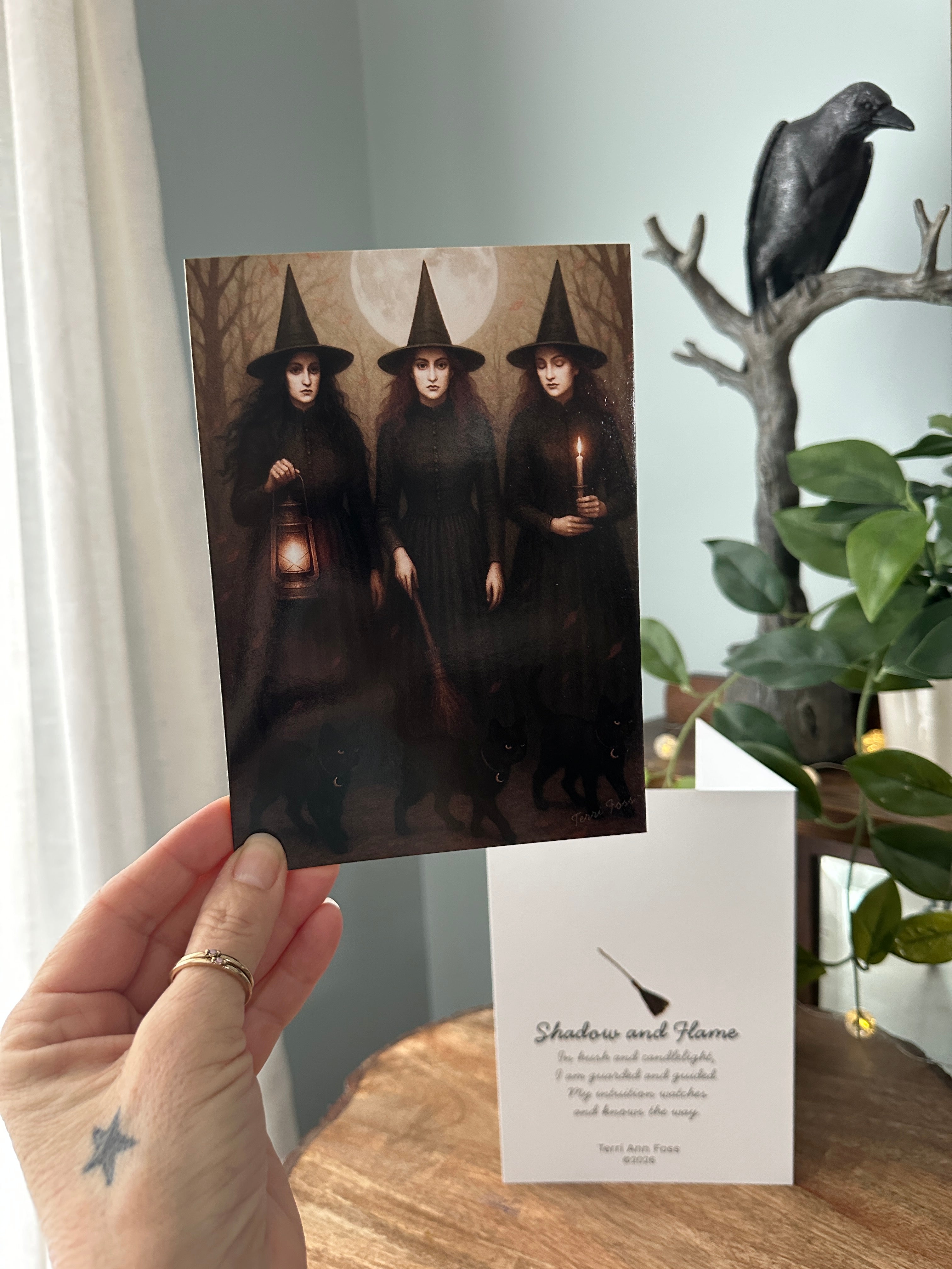 Shadow and Flame - Witch Sisters Coven Cat Moon Halloween - Blank Art Greeting Card Set - Terri Ann Foss