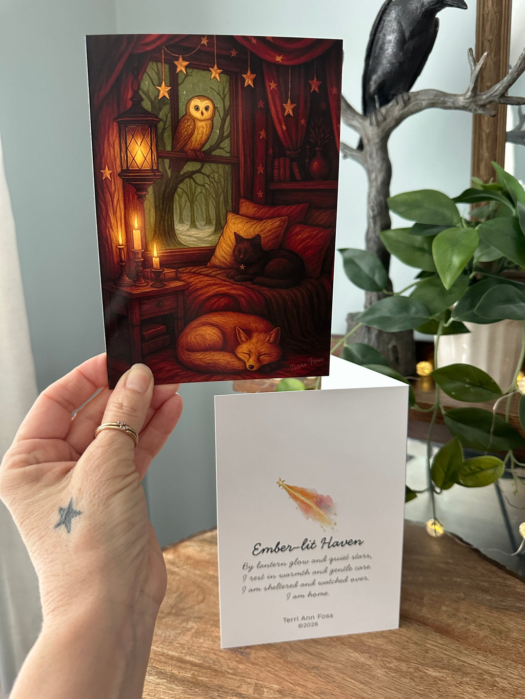 Moonlit Haven - Owl Cat Fox Cozy Cottage witch - Blank Art Greeting Card Set - Terri Ann Foss