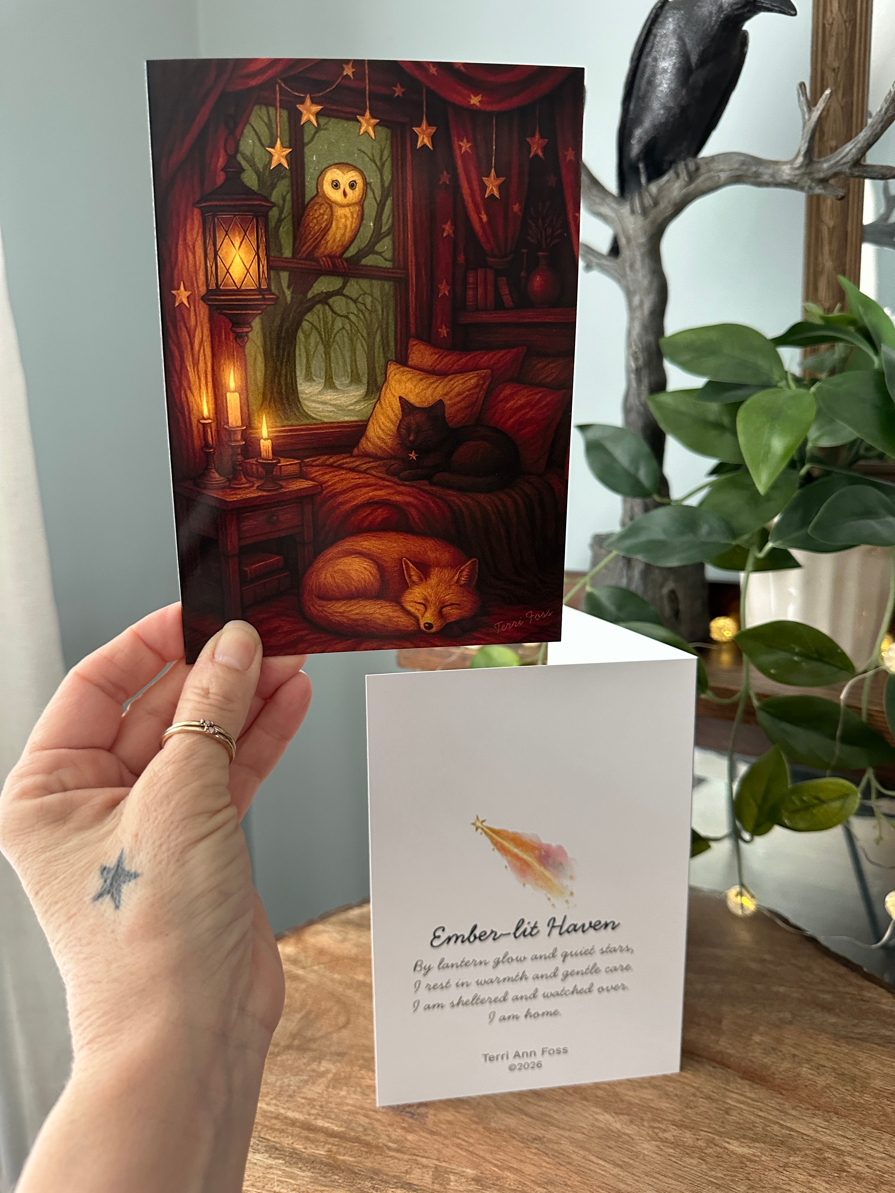 Moonlit Haven - Owl Cat Fox Cozy Cottage witch - Blank Art Greeting Card Set - Terri Ann Foss