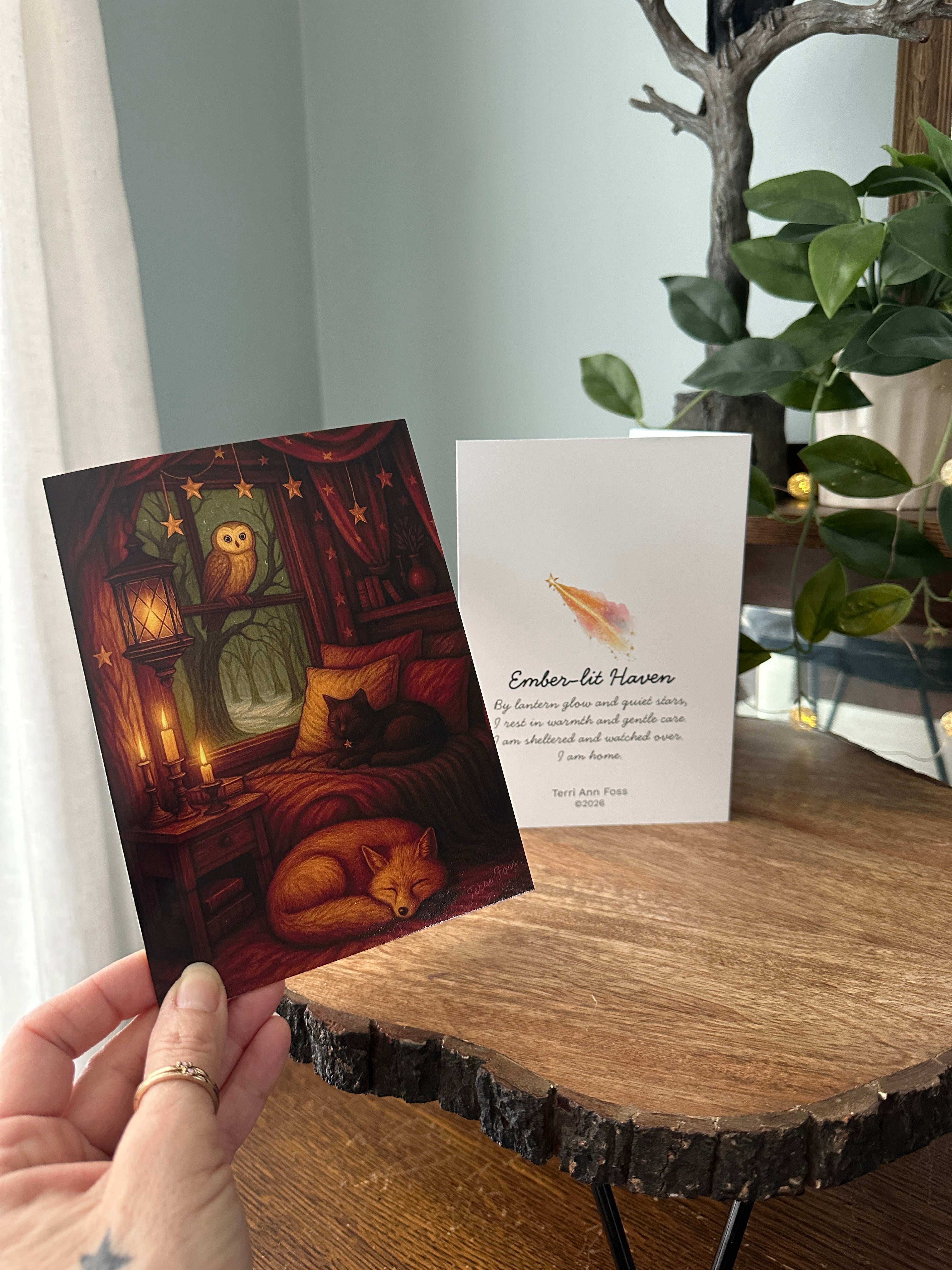 Moonlit Haven - Owl Cat Fox Cozy Cottage witch - Blank Art Greeting Card Set - Terri Ann Foss