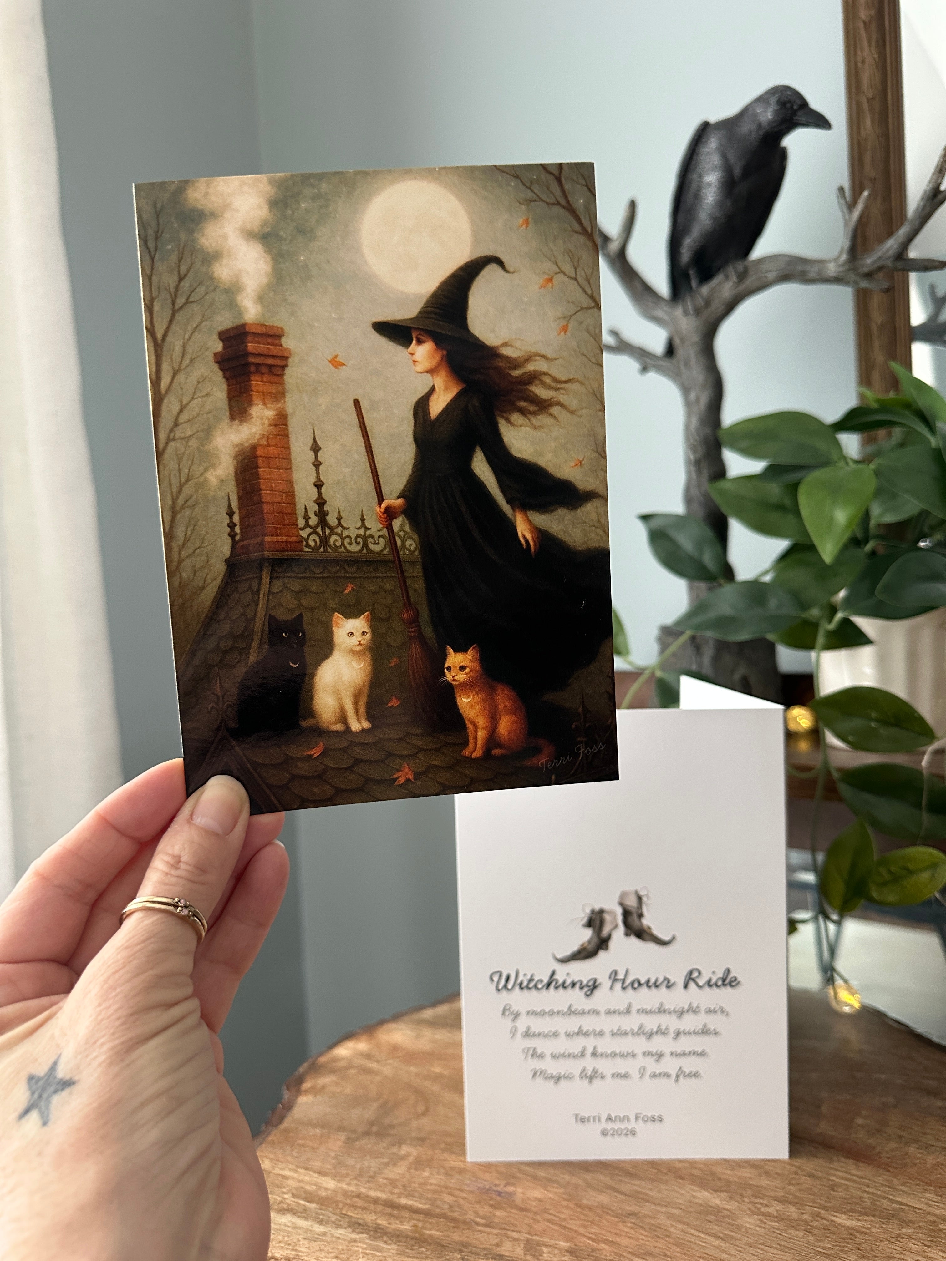 Witching Hour Ride - Witch Cat Familiar Halloween Moon House - Blank Art Greeting Card Set - Terri Ann Foss