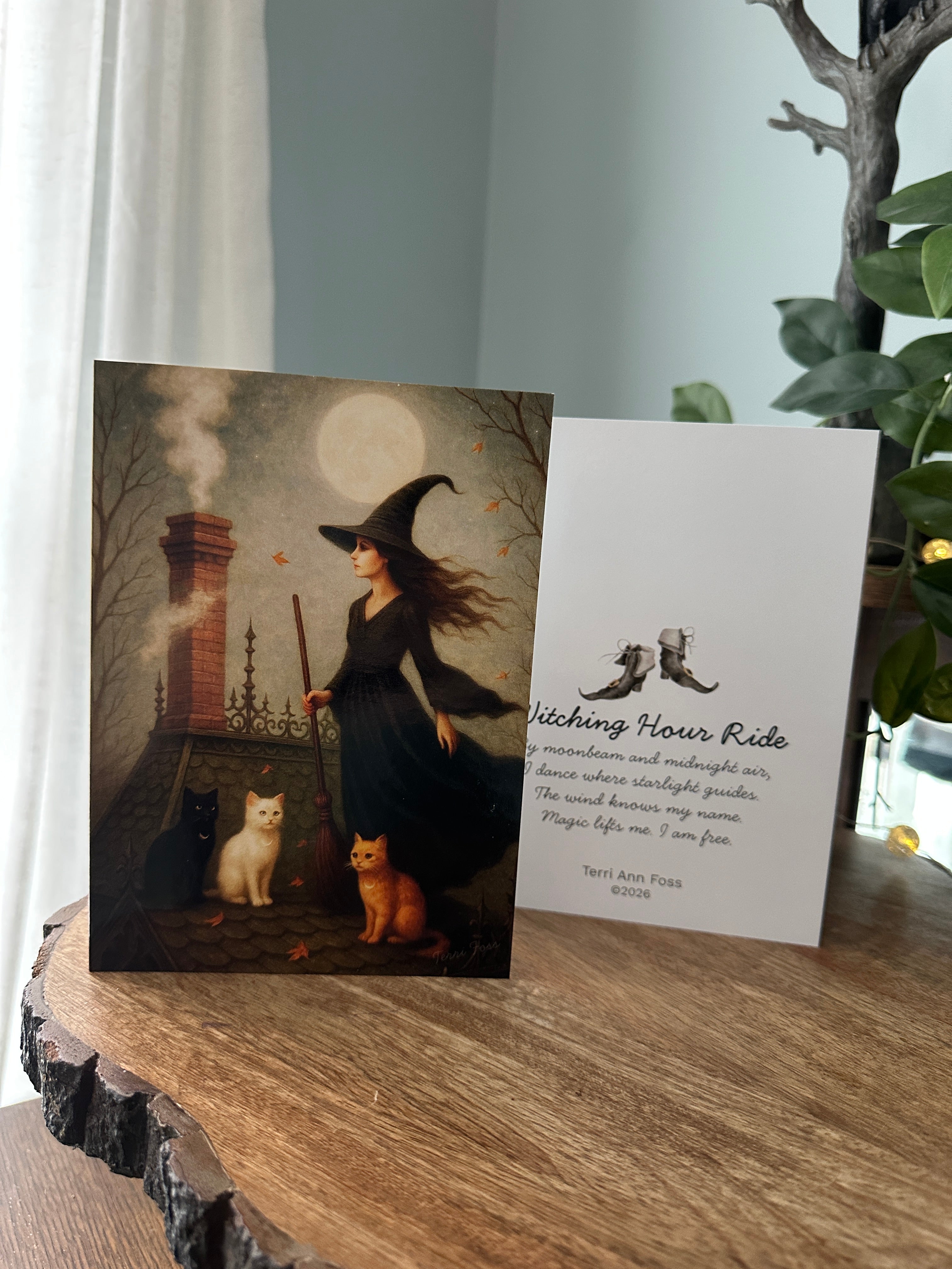 Witching Hour Ride - Witch Cat Familiar Halloween Moon House - Blank Art Greeting Card Set - Terri Ann Foss