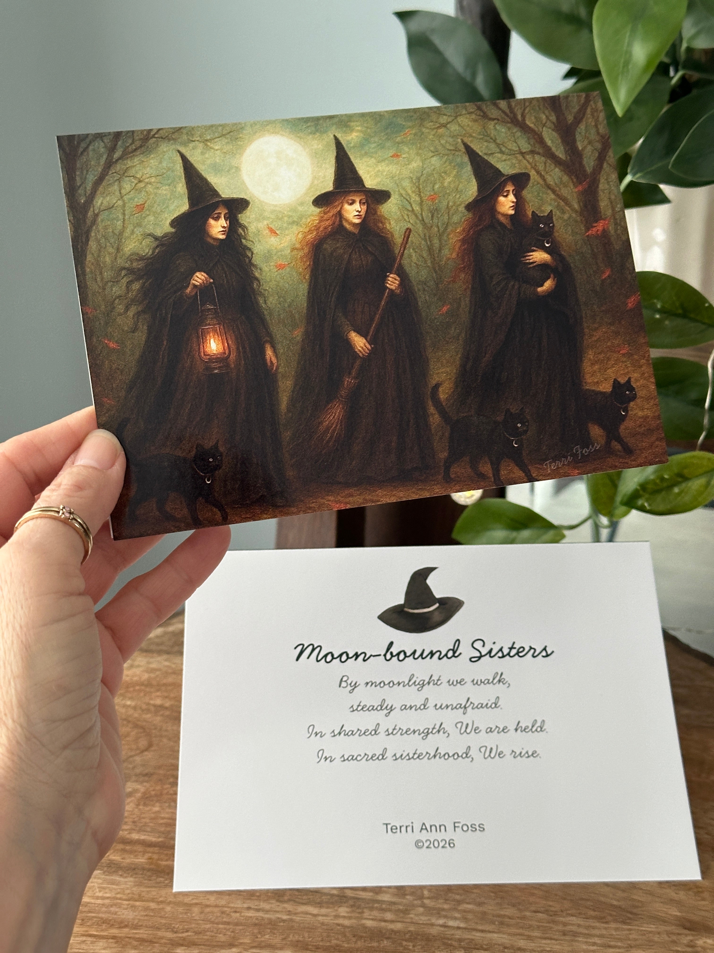 Moon-bound Sisters - Witch Sisters Coven Cat Moon Halloween - Blank Art Greeting Card Set - Terri Ann Foss