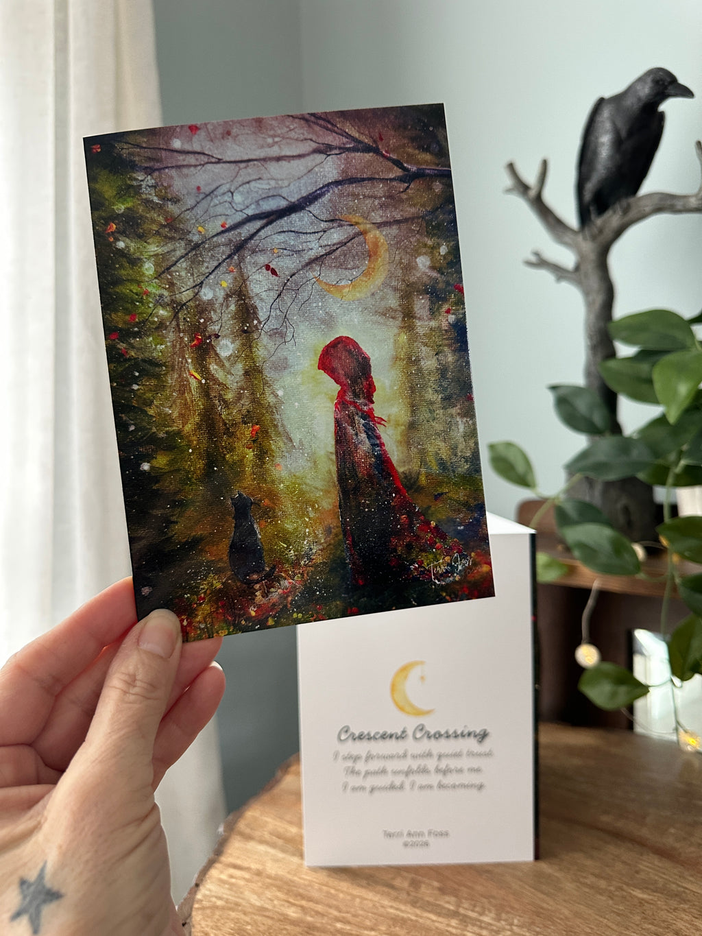 Gathering Path - Red Witch Girl Cat Forest Moon Halloween - Blank Art Greeting Card Set - Terri Ann Foss