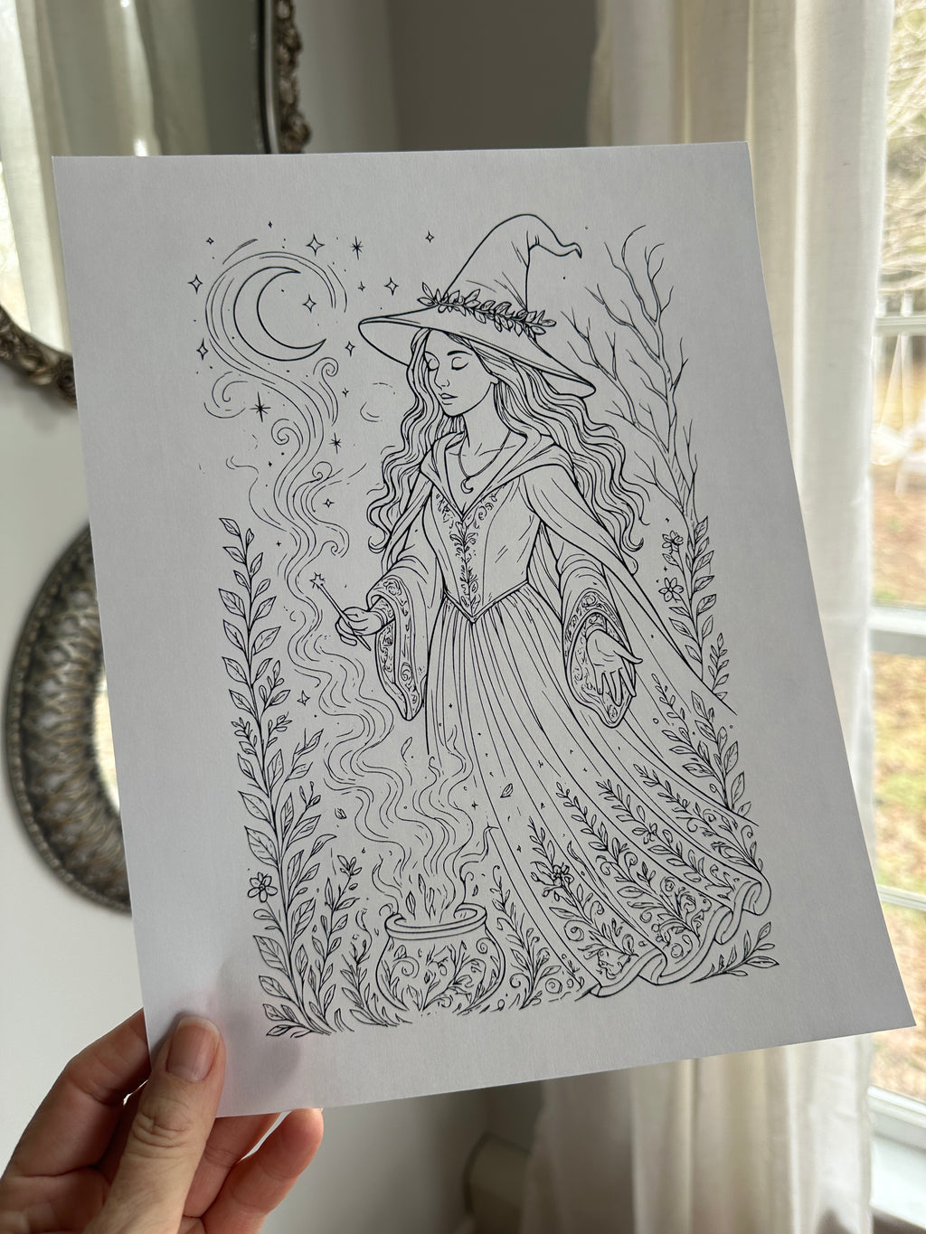 Colored in Moonlight – Witch Halloween Coloring Pages - Printable Witch Coloring Pages - 8.5x11 Instant Digital Download - Terri Ann Foss