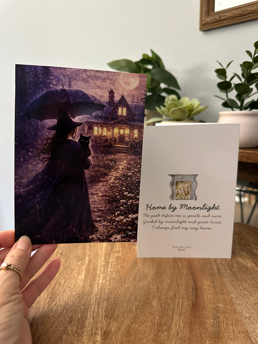 Home by Moonlight - Witch Cat Rain Cottage Flowers Halloween - Art Greeting Card Set - Terri Ann Foss