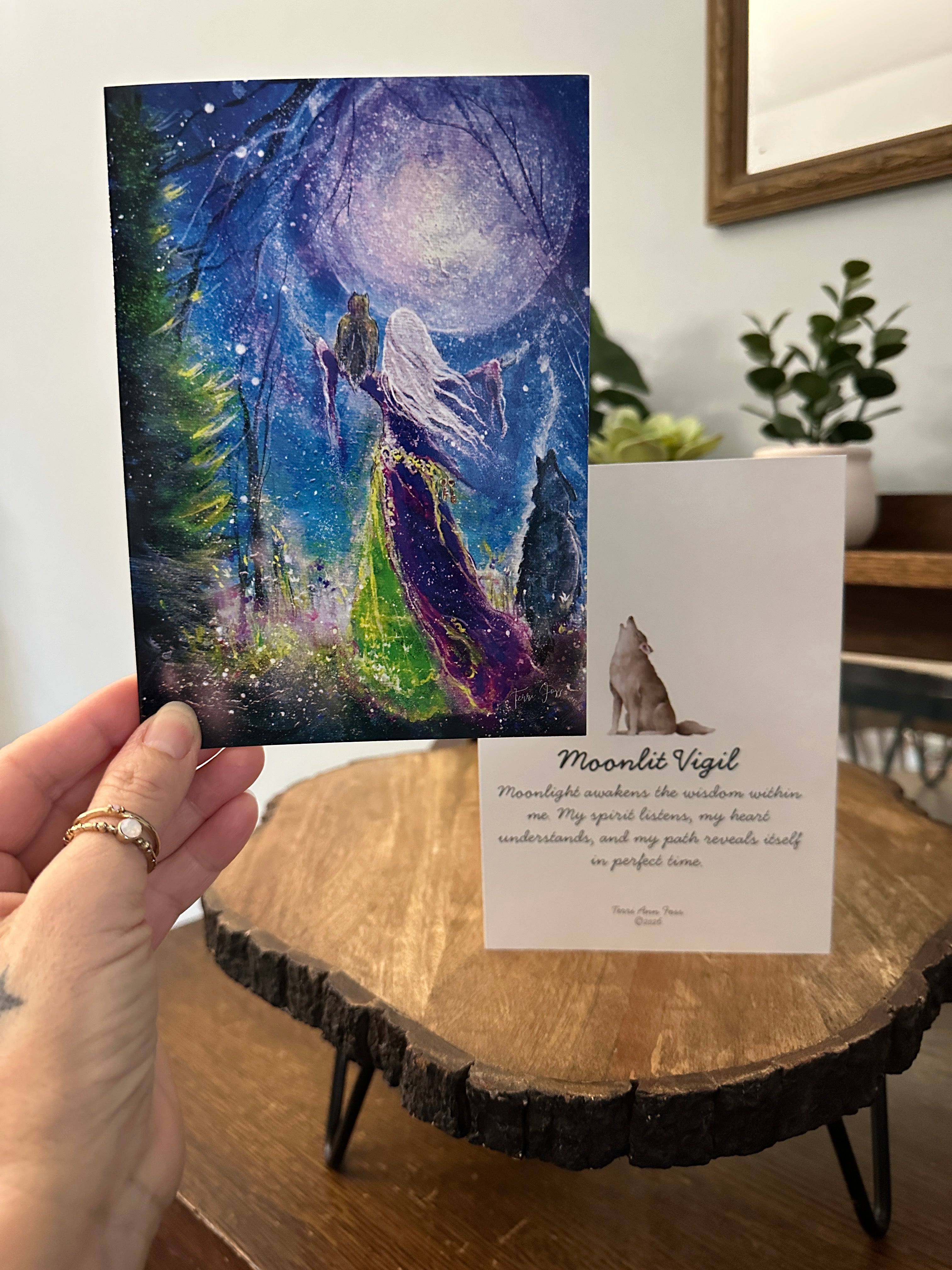 Moonlit Vigil - Witch Crone Wolf Dog Moon Halloween - Blank Art Greeting Card Set - Terri Ann Foss