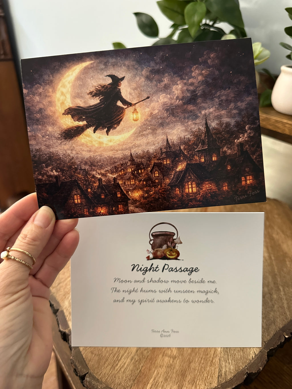 Night Passage - Flying Witch Broom Halloween Autumn - Blank Art Greeting Card Set - Terri Ann Foss