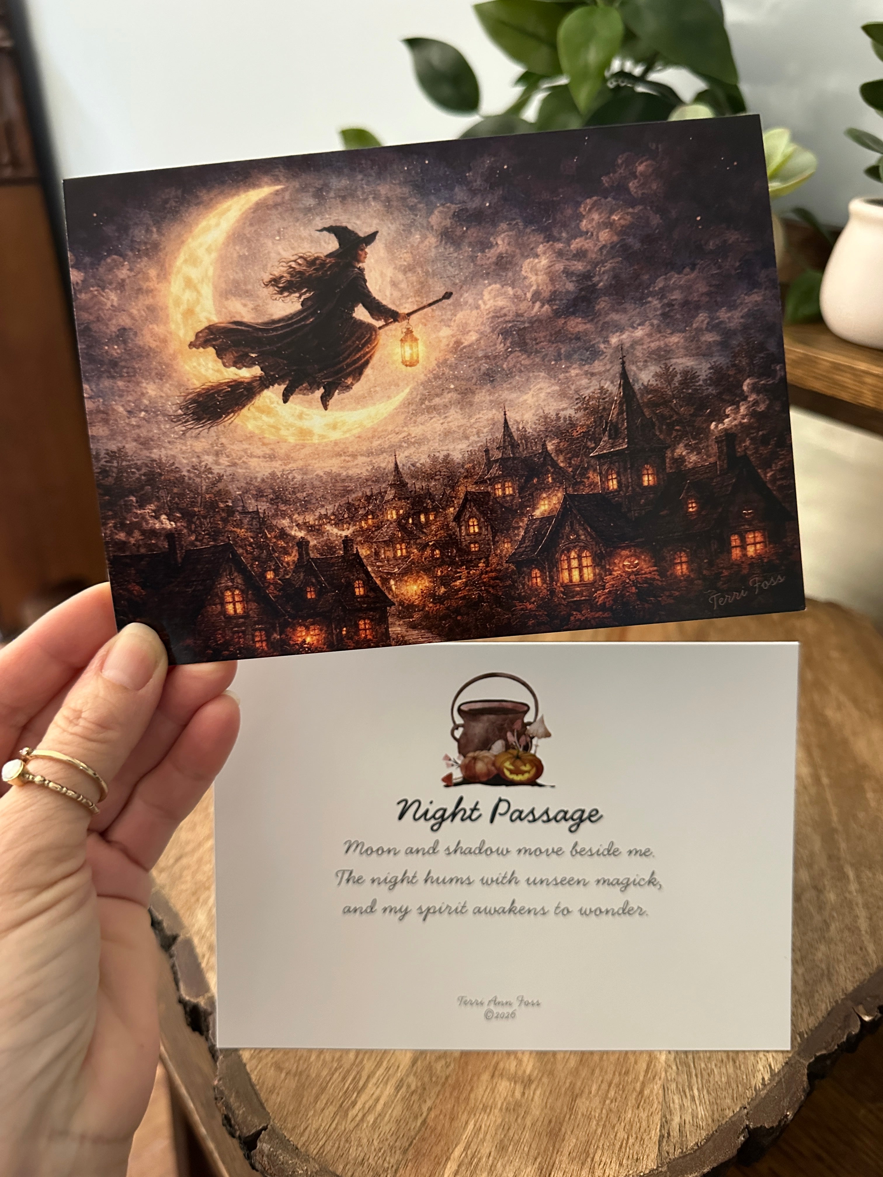 Night Passage - Flying Witch Broom Halloween Autumn - Blank Art Greeting Card Set - Terri Ann Foss