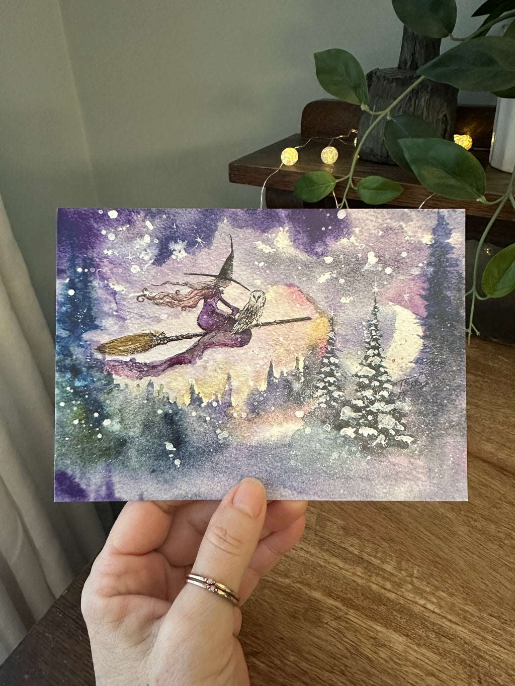 Snow Flight - Witch Owl Winter Yule Halloween - Signed Art Print - Terri Ann Foss