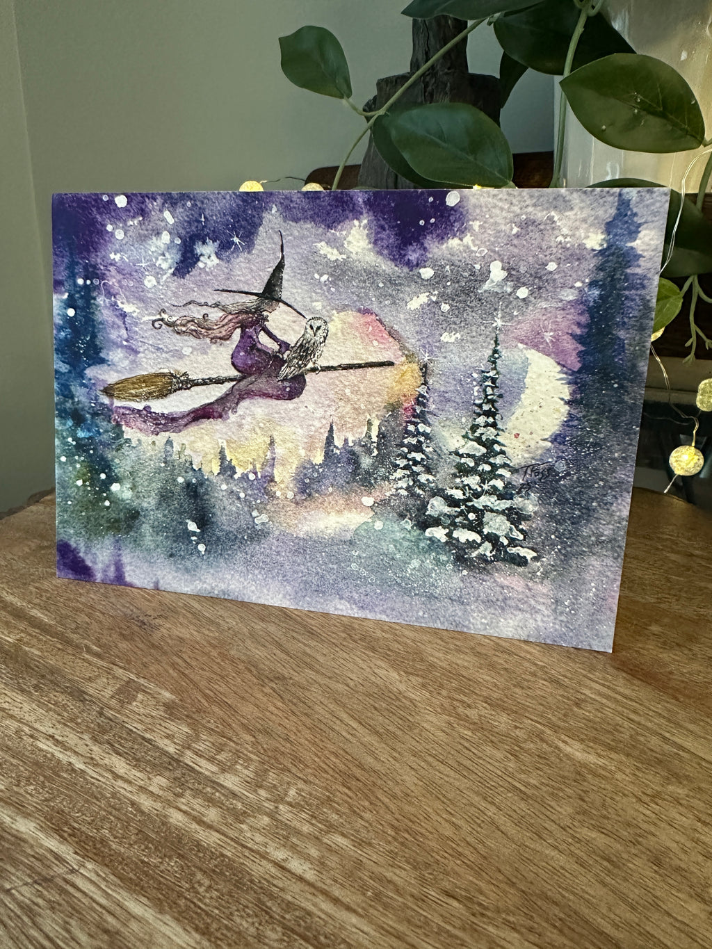 Snow Flight - Witch Owl Winter Yule Halloween - Signed Art Print - Terri Ann Foss