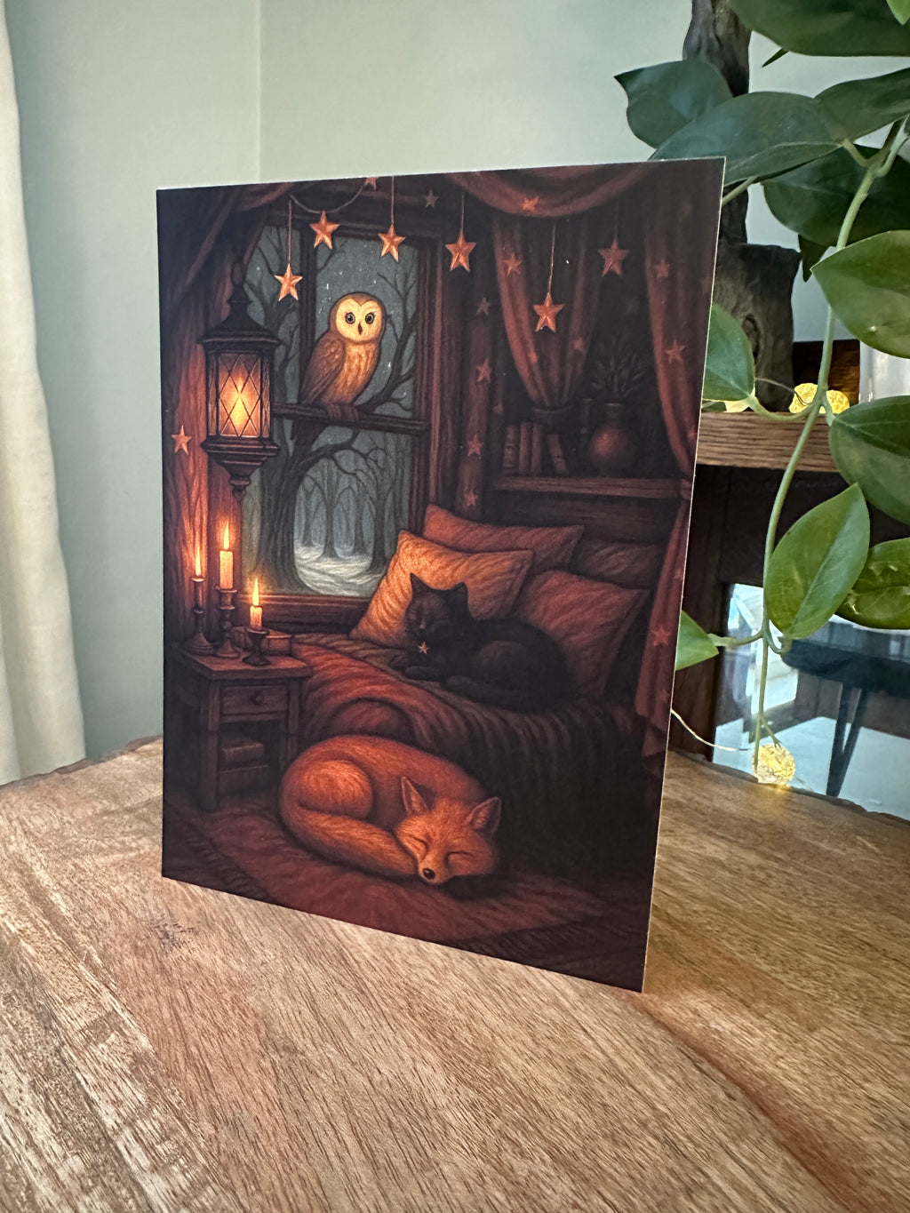Moonlit Haven - Owl Cat Fox Cozy Cottage Witch - Signed Art Print - Terri Ann Foss