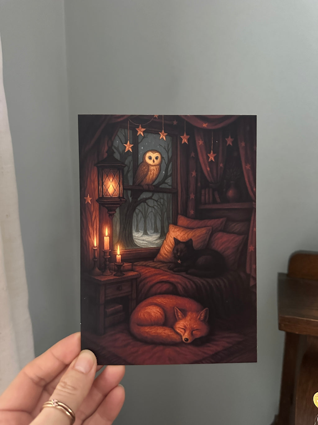 Moonlit Haven - Owl Cat Fox Cozy Cottage Witch - Signed Art Print - Terri Ann Foss