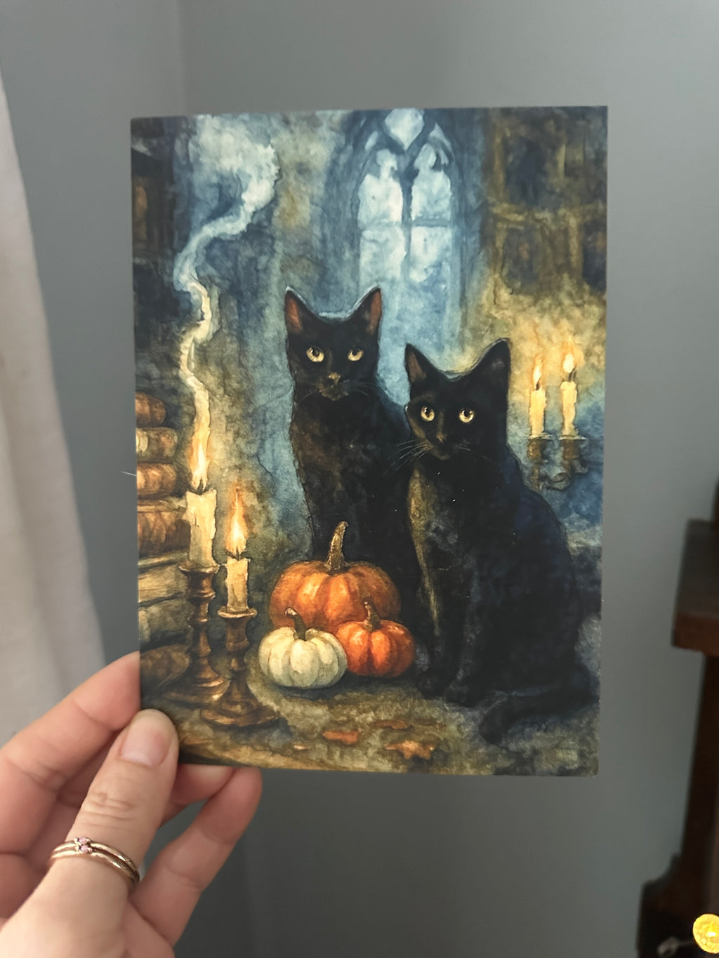 Midnight Keepers - Witch Halloween Pumpkin Black Cats Moon Books - Signed Art Print - Terri Ann Foss