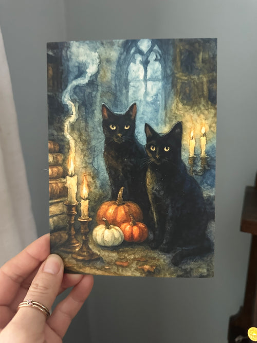 5" x 7" Signed Art Print Terri Ann Foss Black Cats Witch Autumn Fall Moon Halloween
