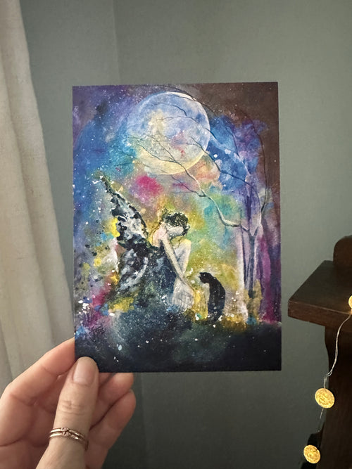 5" x 7" Signed Art Print Terri Ann Foss Faerie Wings Girl Cat Witch Moon Book Spring Summer Flowers Halloween