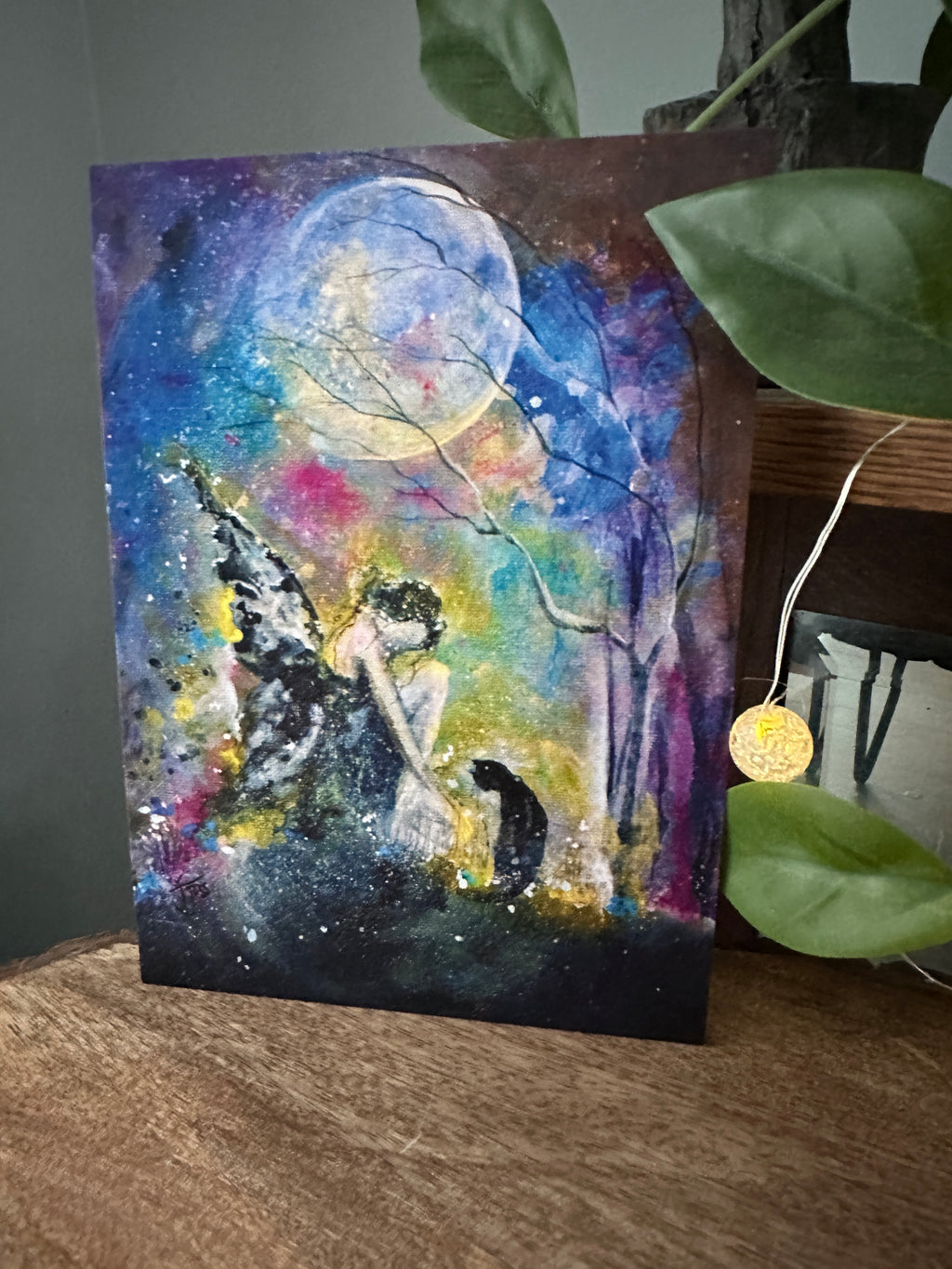Lunar Grace - 5" x 7" Faerie Fae Witch Cat Girl Moon Summer Flowers - Signed Art Print - Terri Ann Foss