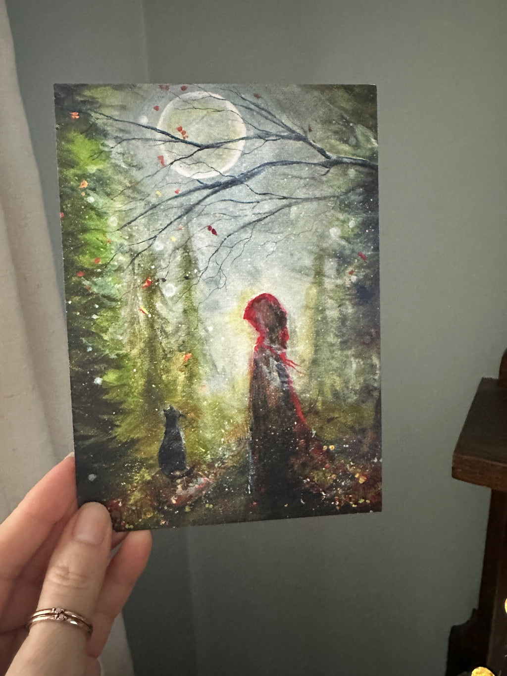 Gathering Path - Red Witch Girl Cat Forest Moon Halloween - Art Print - Terri Ann Foss
