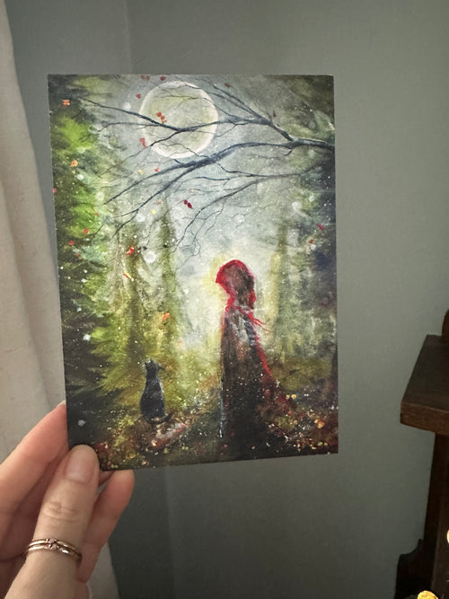 5" x 7" Signed Art Print Terri Ann Foss Red Cloaked Witch Moon Black Cat Autumn Fall Halloween
