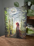 Gathering Path - Red Witch Girl Cat Forest Moon Halloween - Art Print - Terri Ann Foss