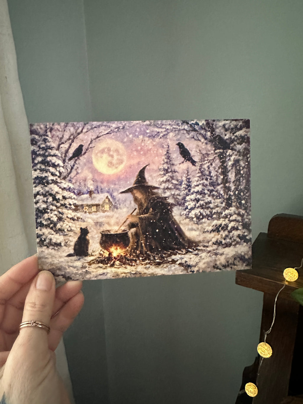 Moonlit Hearth - Witch Halloween Winter Yule Christmas Pumpkin Raven Crow Cat Moon - Signed Art Print - Terri Ann Foss