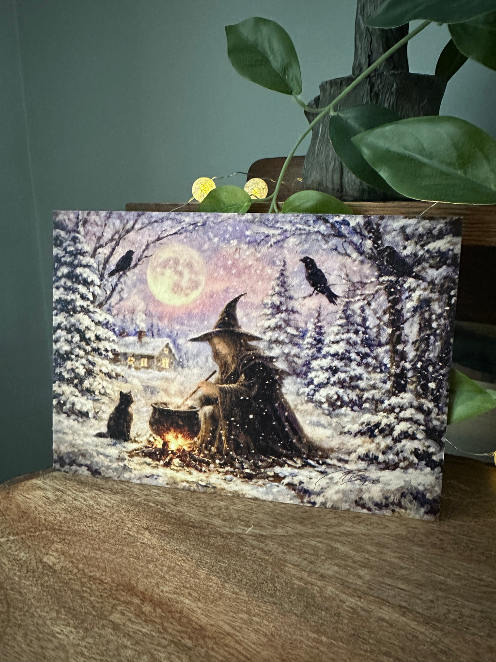 Moonlit Hearth - Witch Halloween Winter Yule Christmas Pumpkin Raven Crow Cat Moon - Signed Art Print - Terri Ann Foss