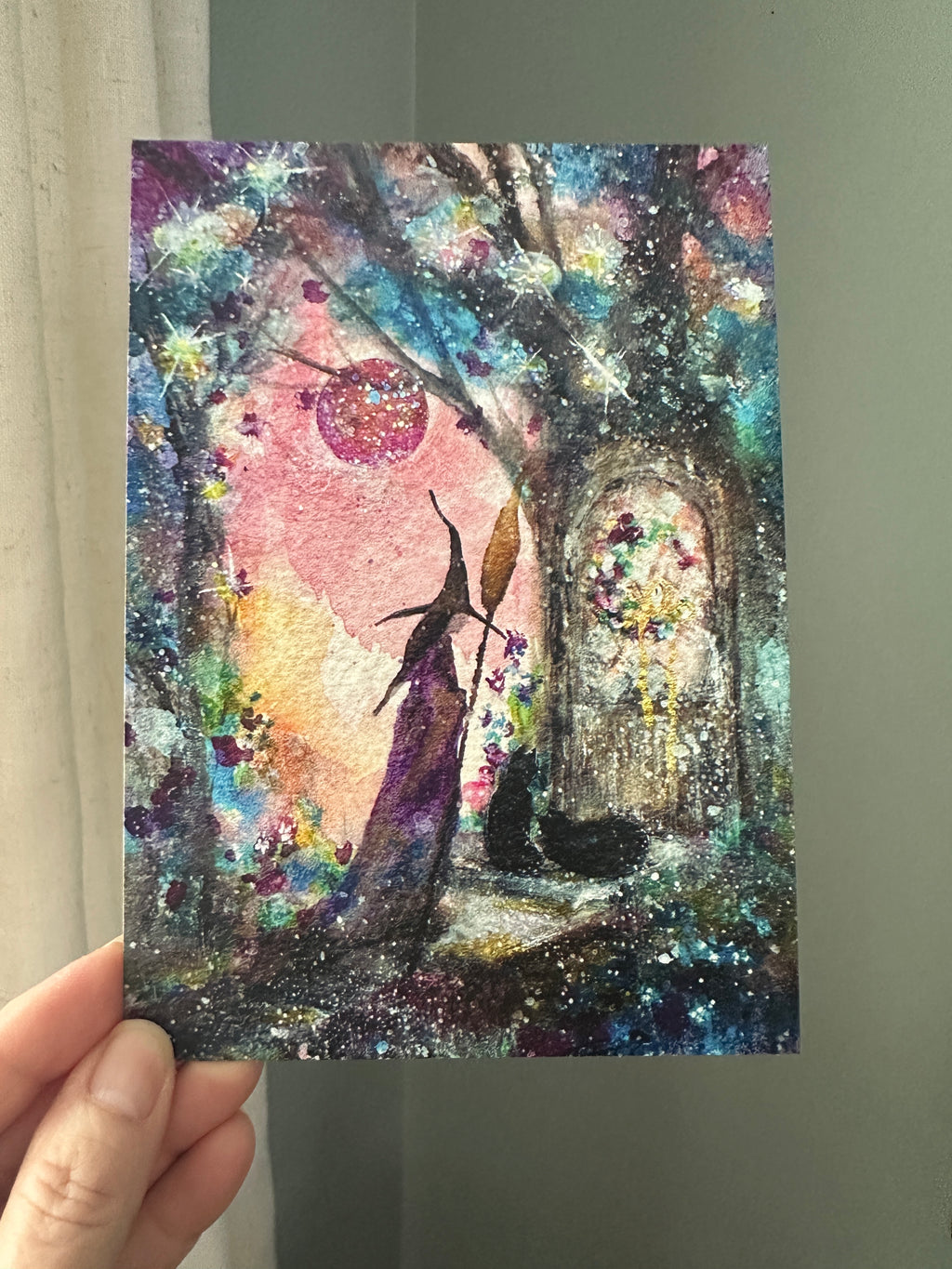 Secret Cottage - Witch Halloween Cats Moon Woodland - Signed Art Print Terri Ann Foss