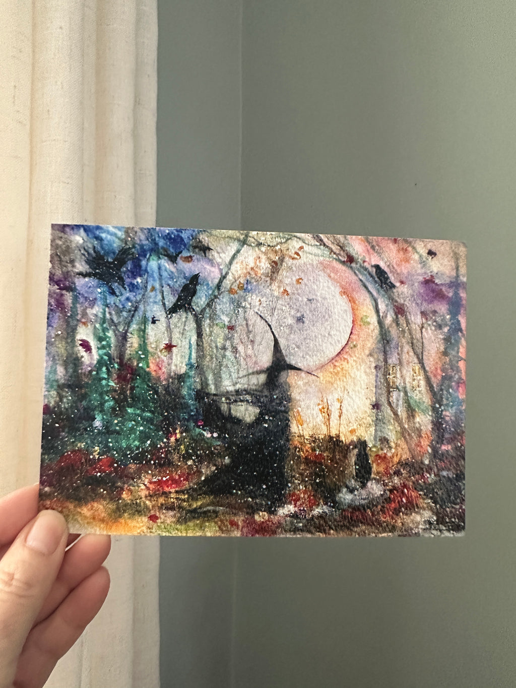 Forest Gathering – Witch Cat Raven Crow Moon Halloween - Signed Art Print - Terri Ann Foss