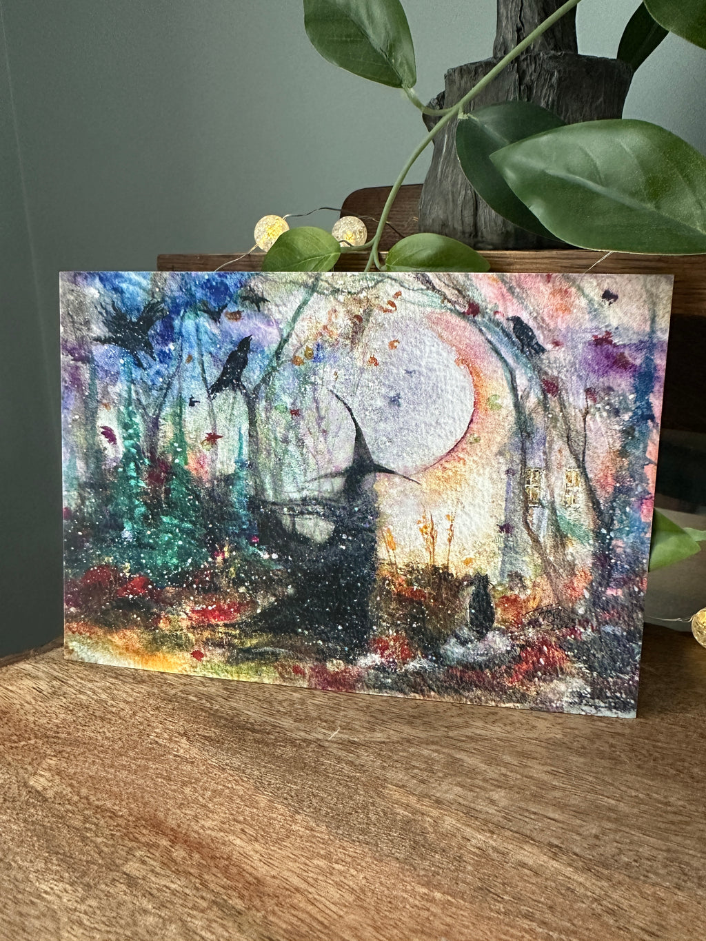 Forest Gathering – Witch Cat Raven Crow Moon Halloween - Signed Art Print - Terri Ann Foss