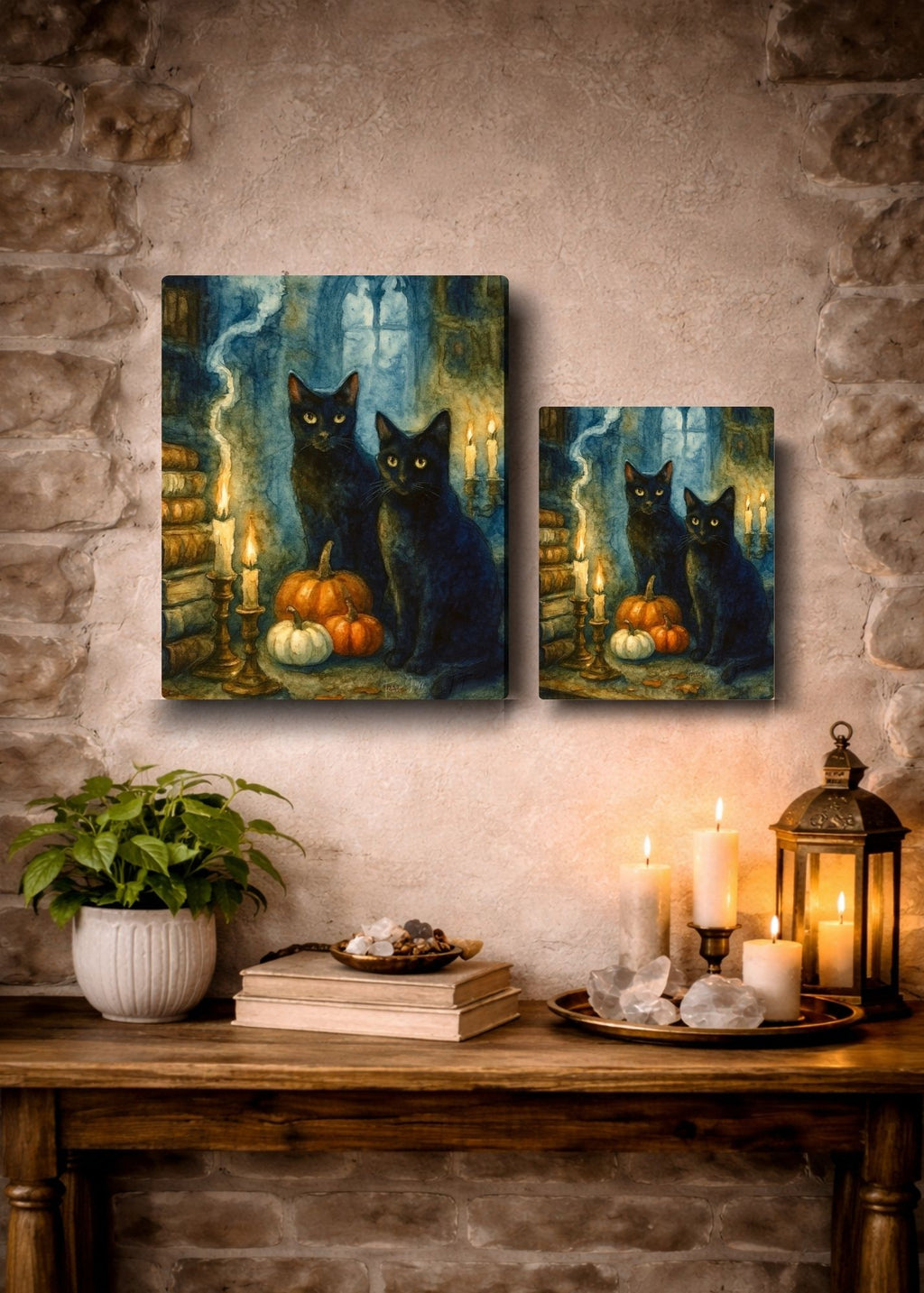 Midnight Keepers - Witch Halloween Pumpkin Black Cats Moon Books - Giclée Gallery Wrapped Canvas - Terri Ann Foss