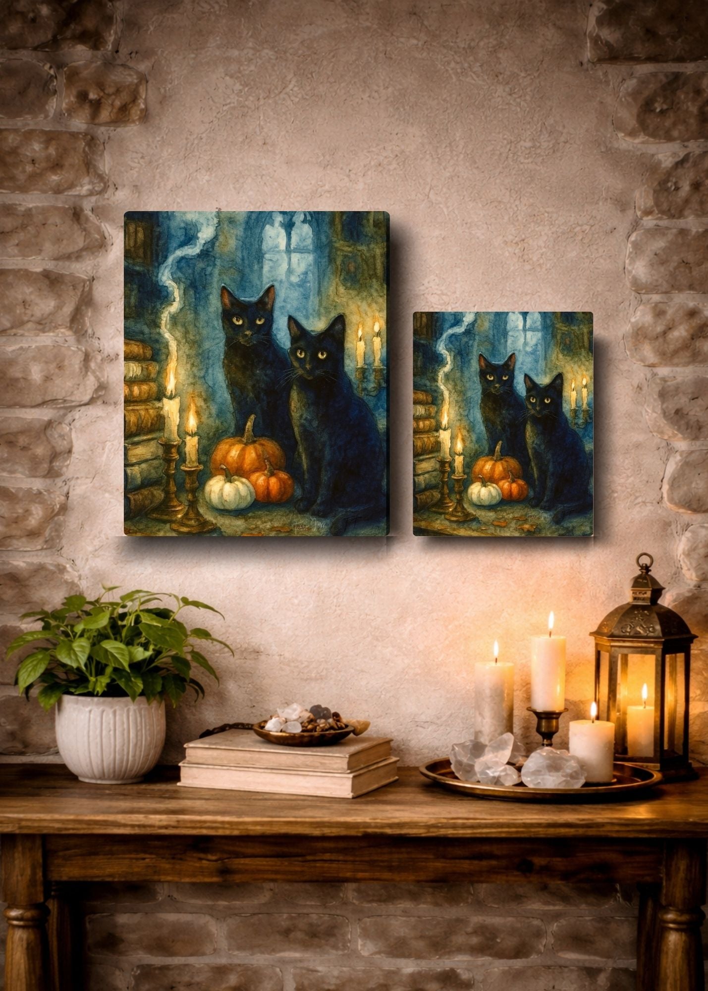 Midnight Keepers - Witch Halloween Pumpkin Black Cats Moon Books - Giclée Gallery Wrapped Canvas - Terri Ann Foss