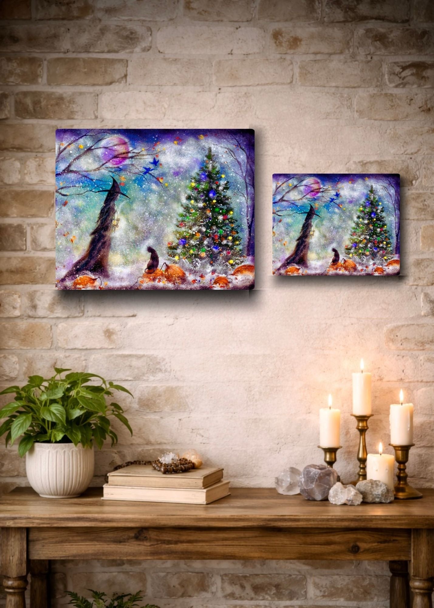 Winter Wood -  Witch Halloween Winter Yule Christmas Raven Cat Moon - Giclée Gallery Wrapped Canvas - Terri Ann Foss