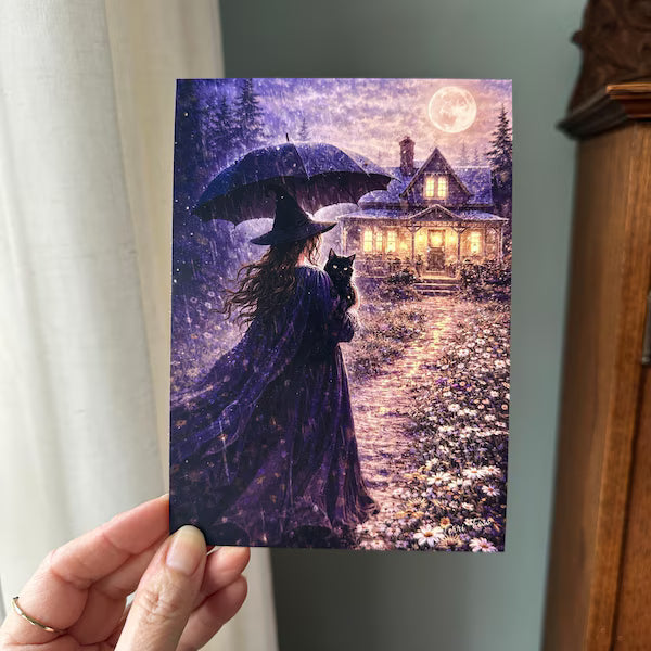 Home by Moonlight – Witch Cat Rain - Signed Art Print - Terri Ann Foss