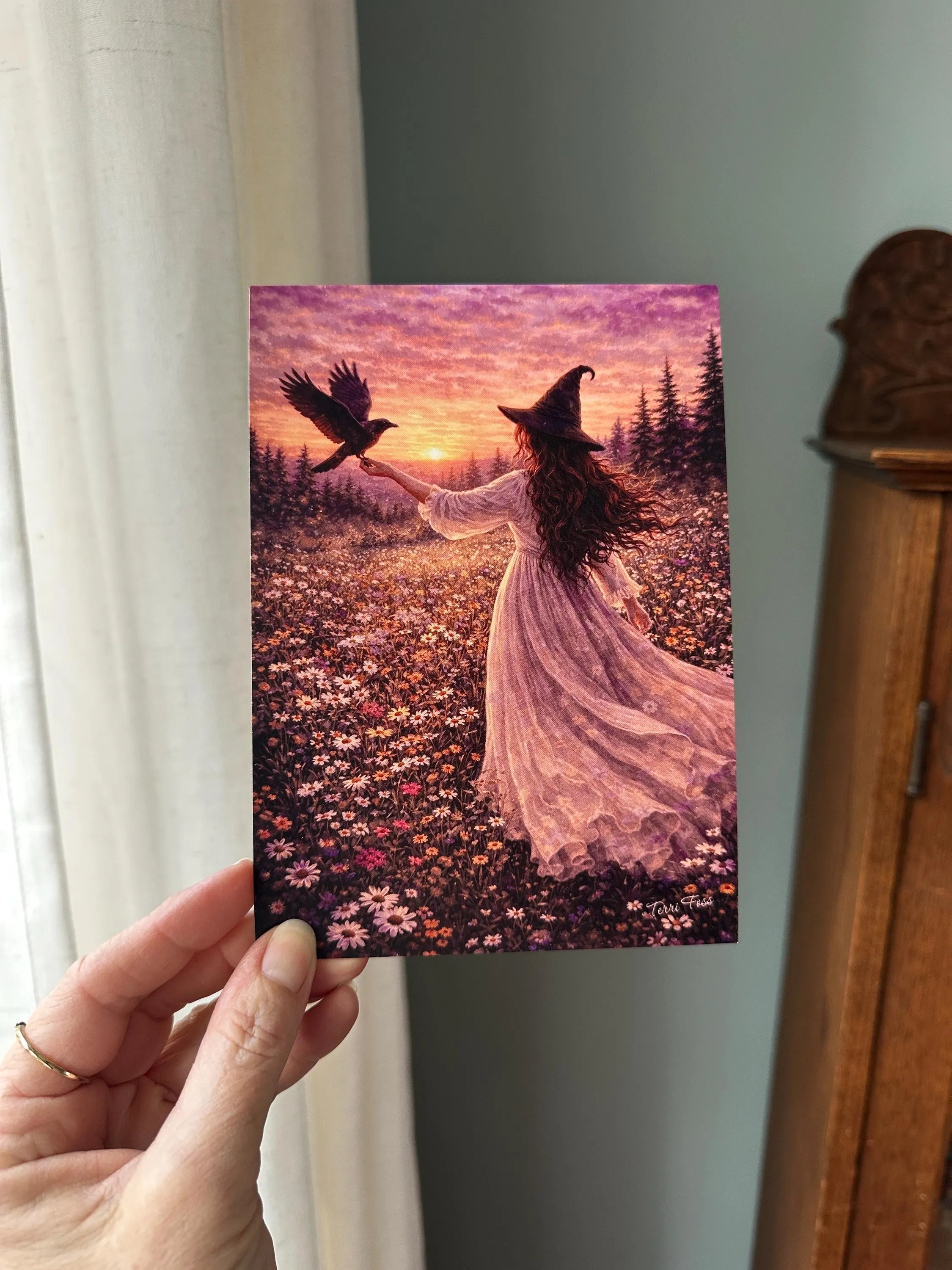 Wildflower Messenger – Witch Raven Crow Bird - Signed Art Print - Terri Ann Foss