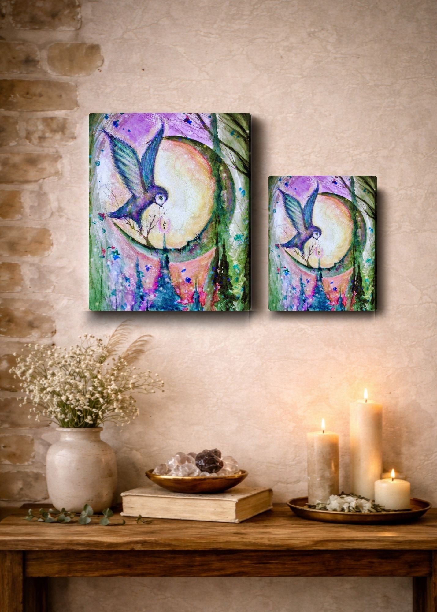 Night Key - Owl Witch Moon Key Forest Pines Mystical - Giclée Gallery Wrapped Canvas - Terri Ann Foss