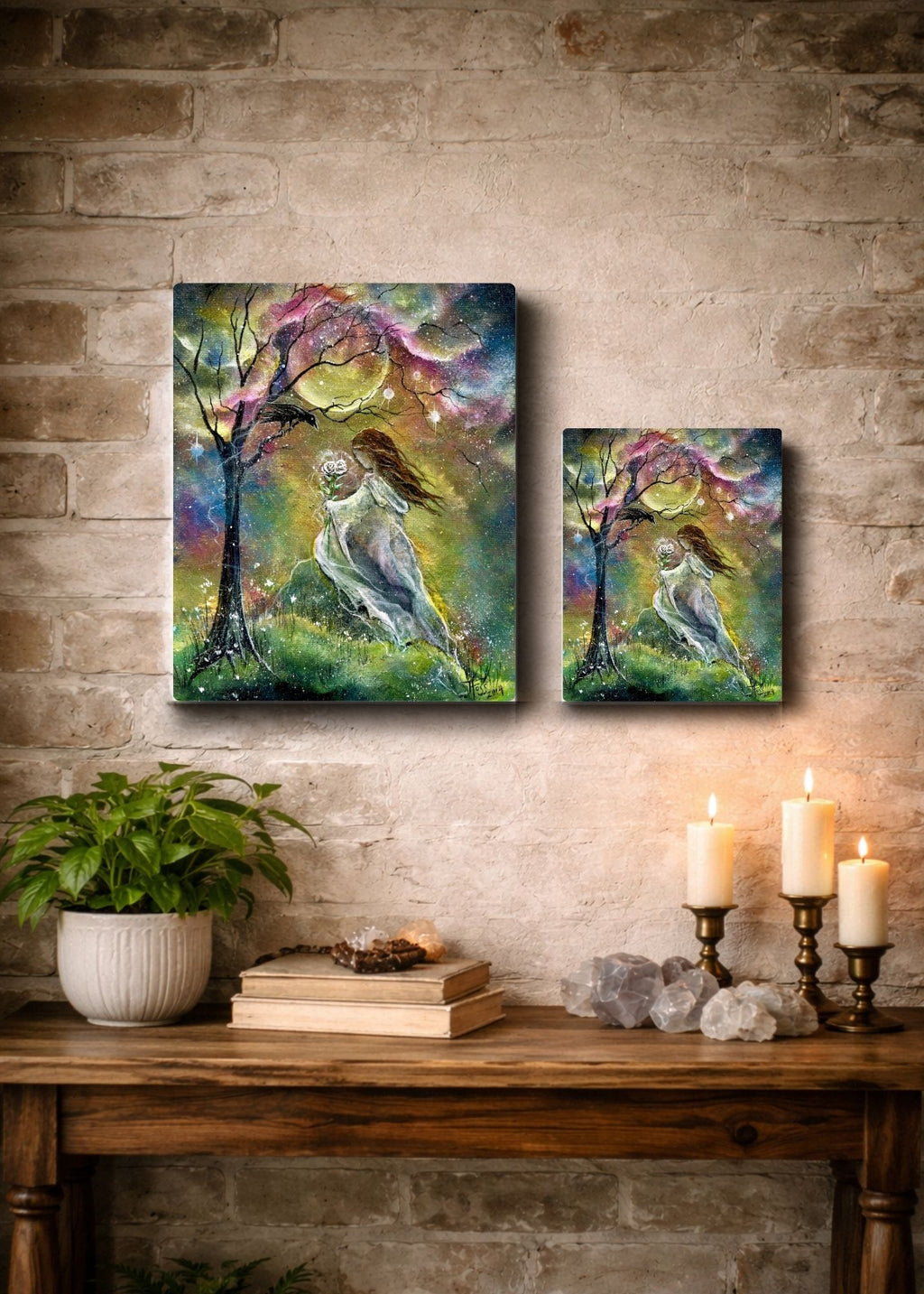 Petal Light - Faerie Girl Angelic Flower Witch Black Bird Raven Crow Moon - Giclée Gallery Wrapped Canvas - Terri Ann Foss