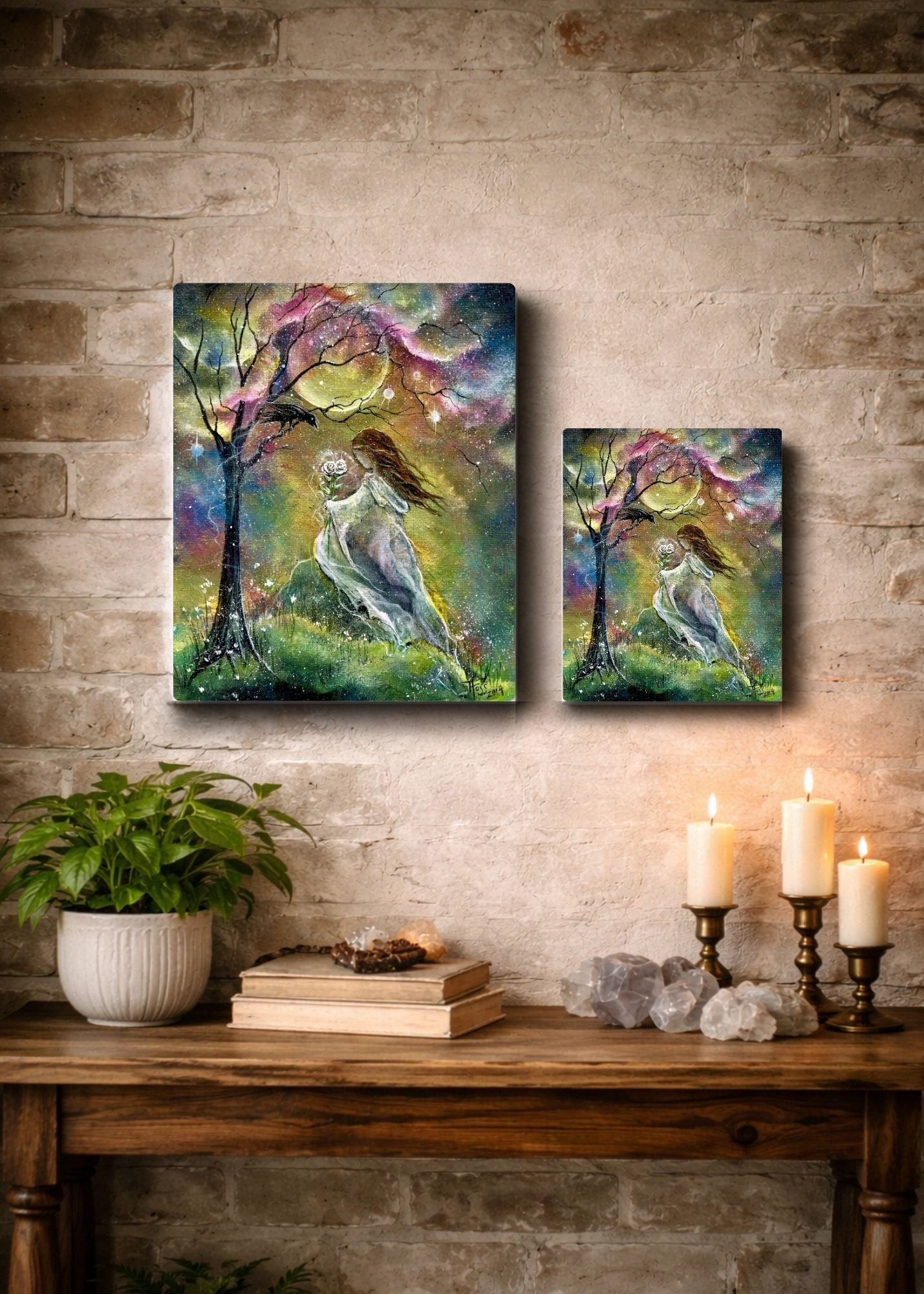Petal Light - Faerie Girl Angelic Flower Witch Black Bird Raven Crow Moon - Giclée Gallery Wrapped Canvas - Terri Ann Foss