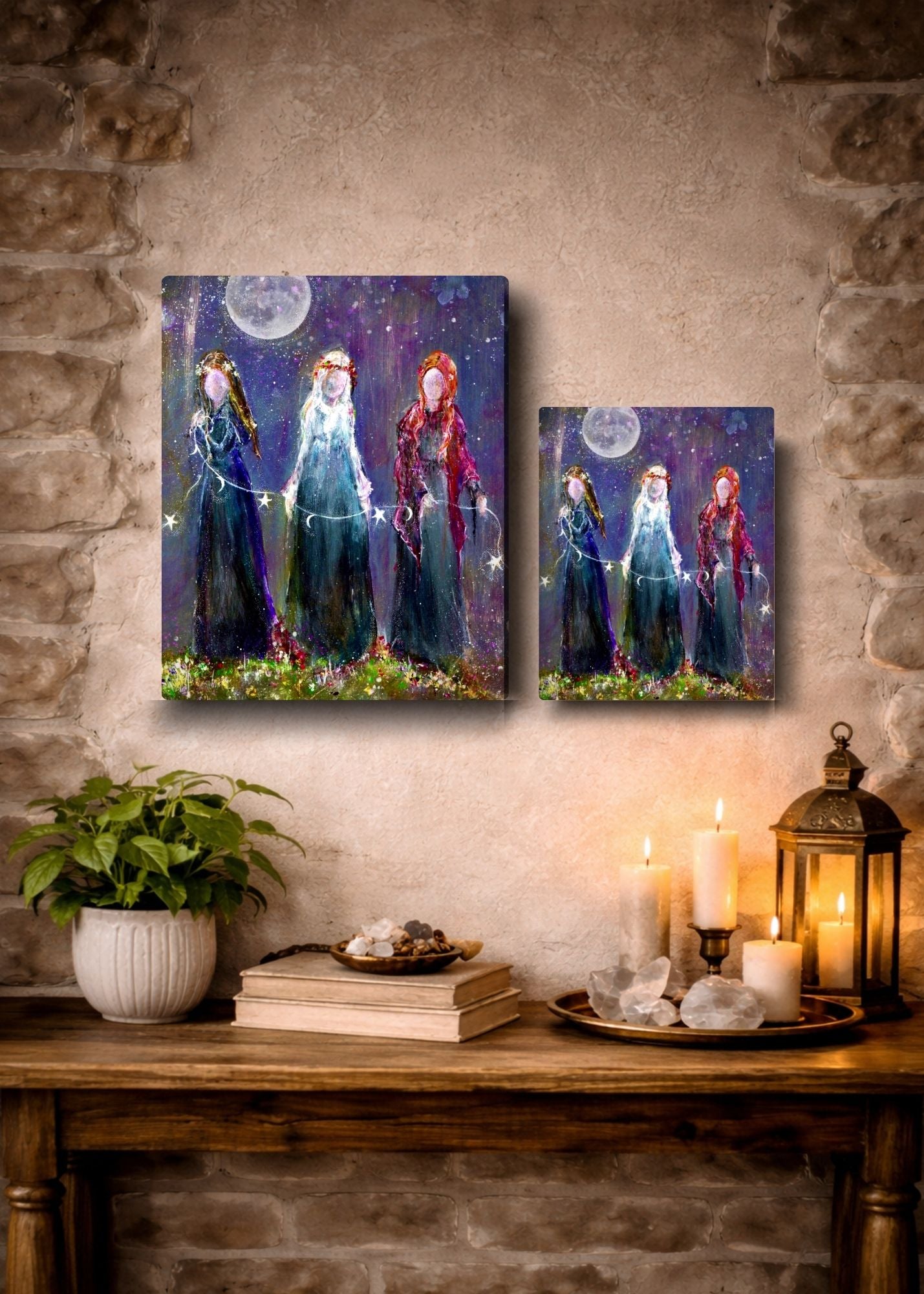 Bound as Sisters - Witch Faerie Sisters Coven Celestial Moon - Giclée Gallery Wrapped Canvas - Terri Ann Foss