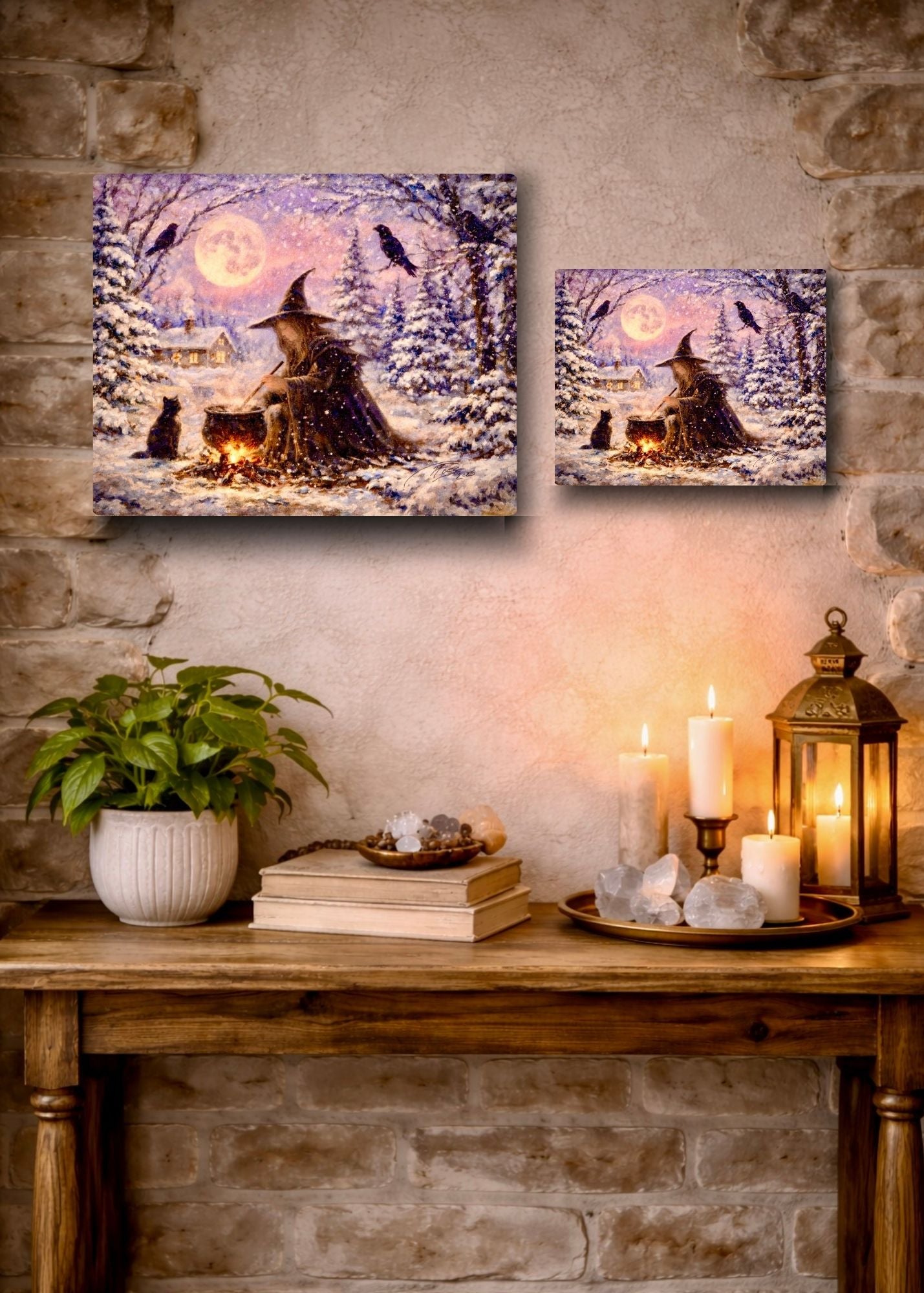 Moonlit Hearth - Witch Halloween Winter Yule Christmas Pumpkin Raven Crow Cat Moon - Giclée Gallery Wrapped Canvas - Terri Ann Foss