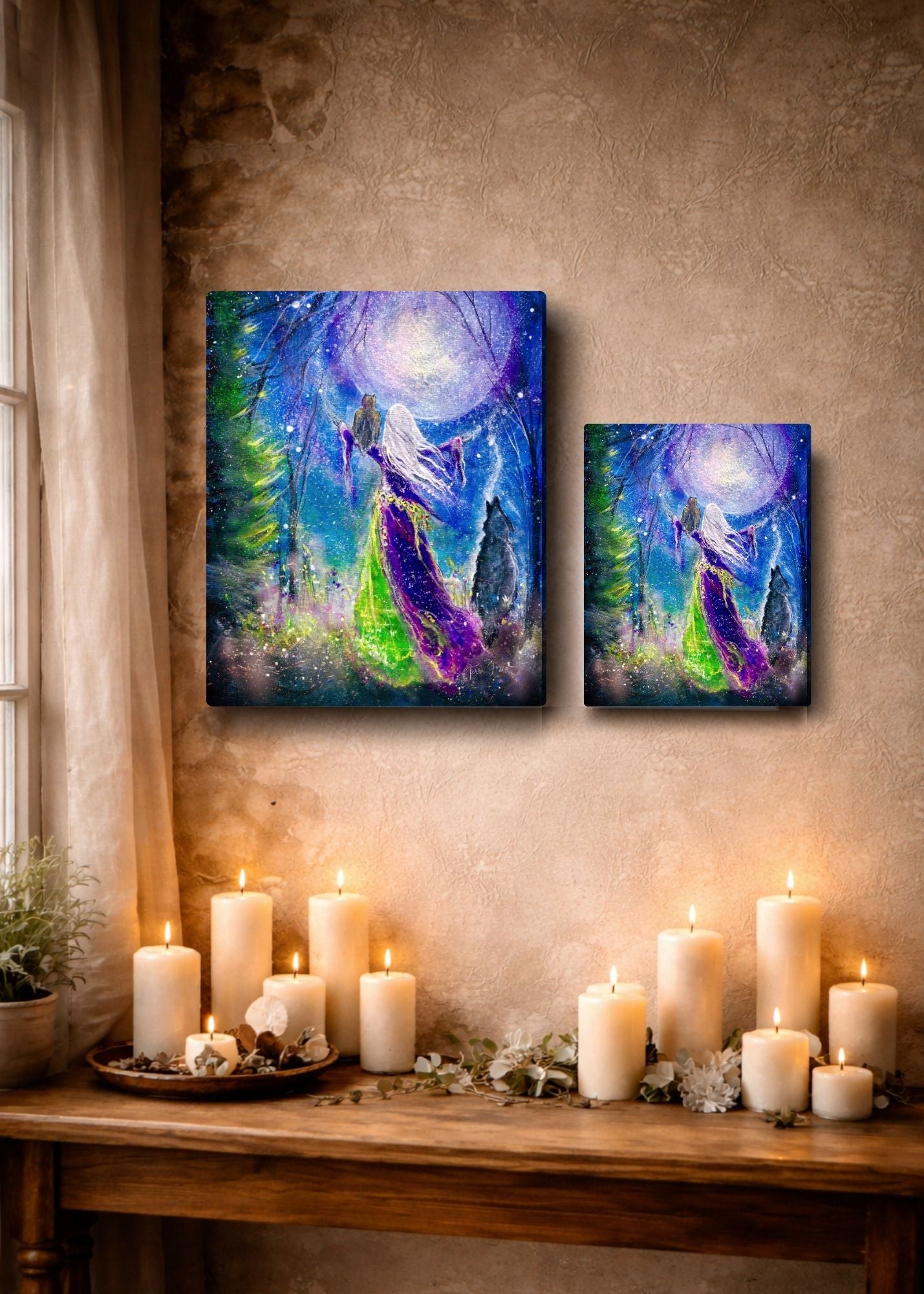 Moonlit Vigil - Witch Crone Wolf Dog Moon Halloween - Gallery Wrapped Canvas Art Print - Terri Ann Foss